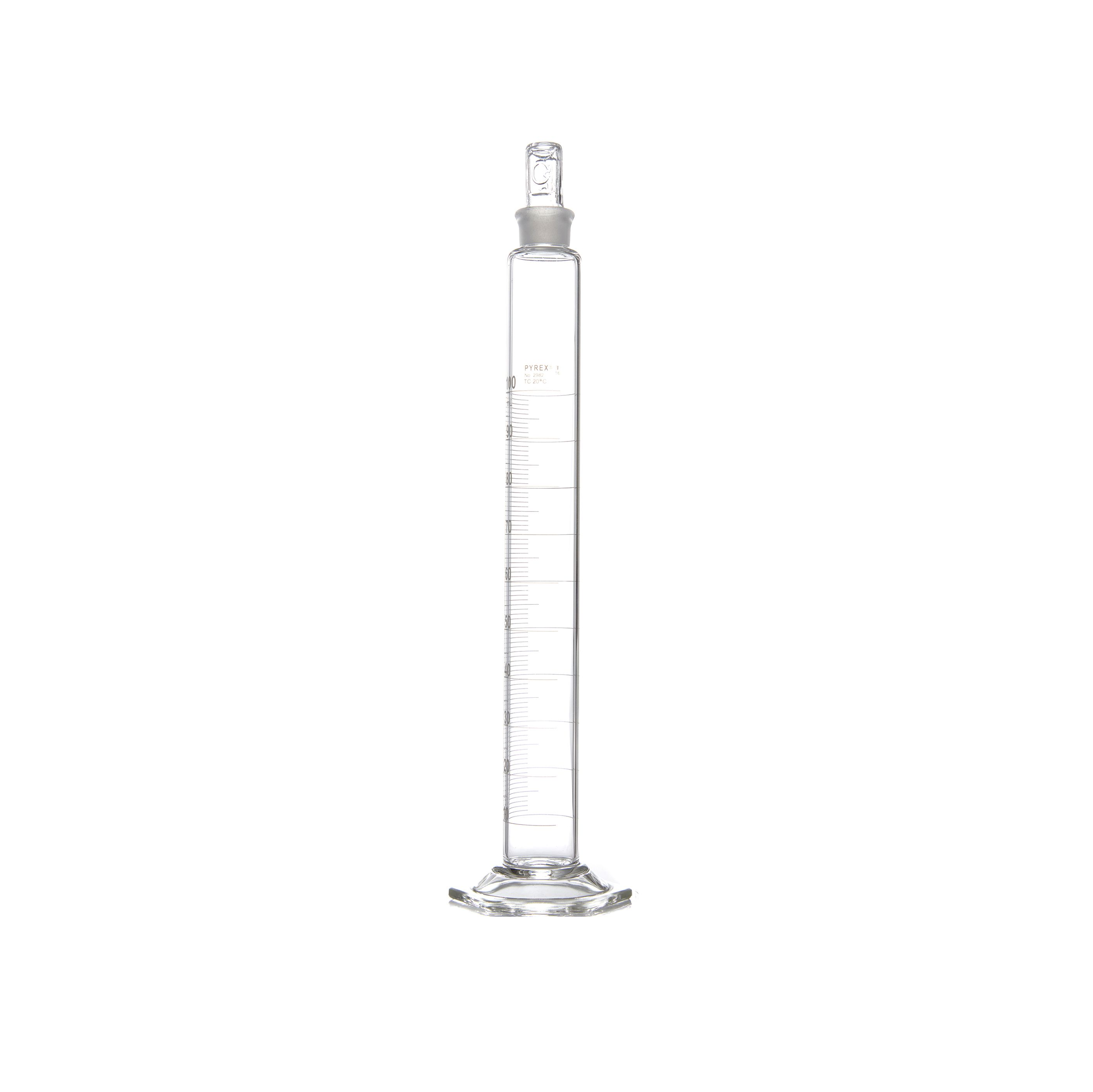 PROBETA GRADUADA DE 100ml CLASE B ASTM CON TAPÓN DE VIDRIO. PYREX