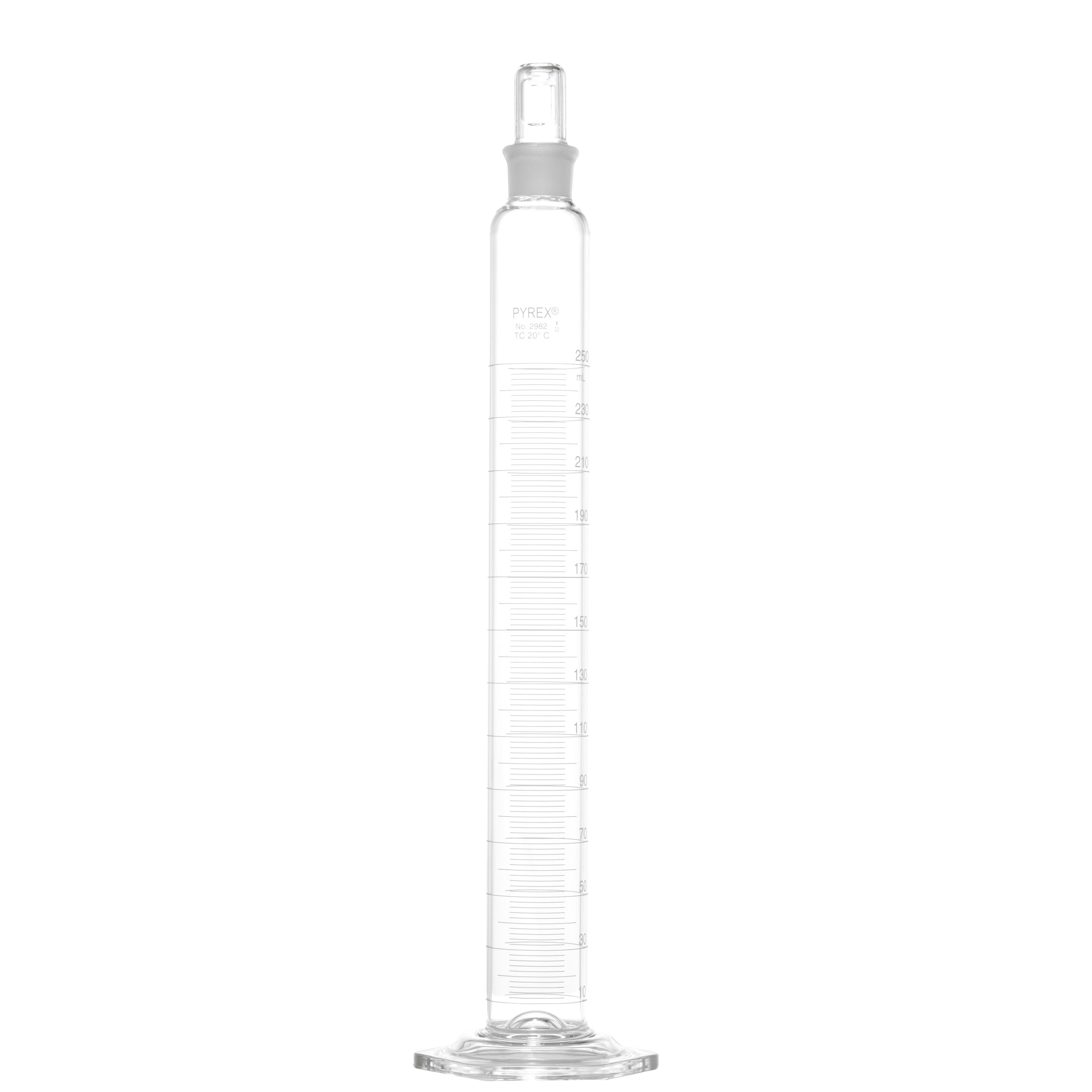 PROBETA GRADUADA DE 250ml CLASE B ASTM CON TAPÓN DE VIDRIO. PYREX