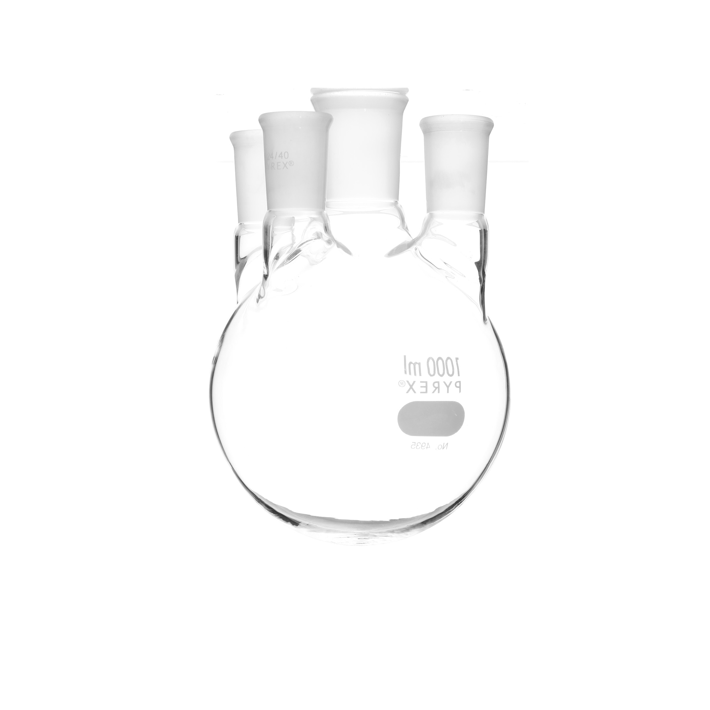 MATRAZ DE DESTILACIÓN DE 1L CON 4 BOCAS VERTICALES. PYREX