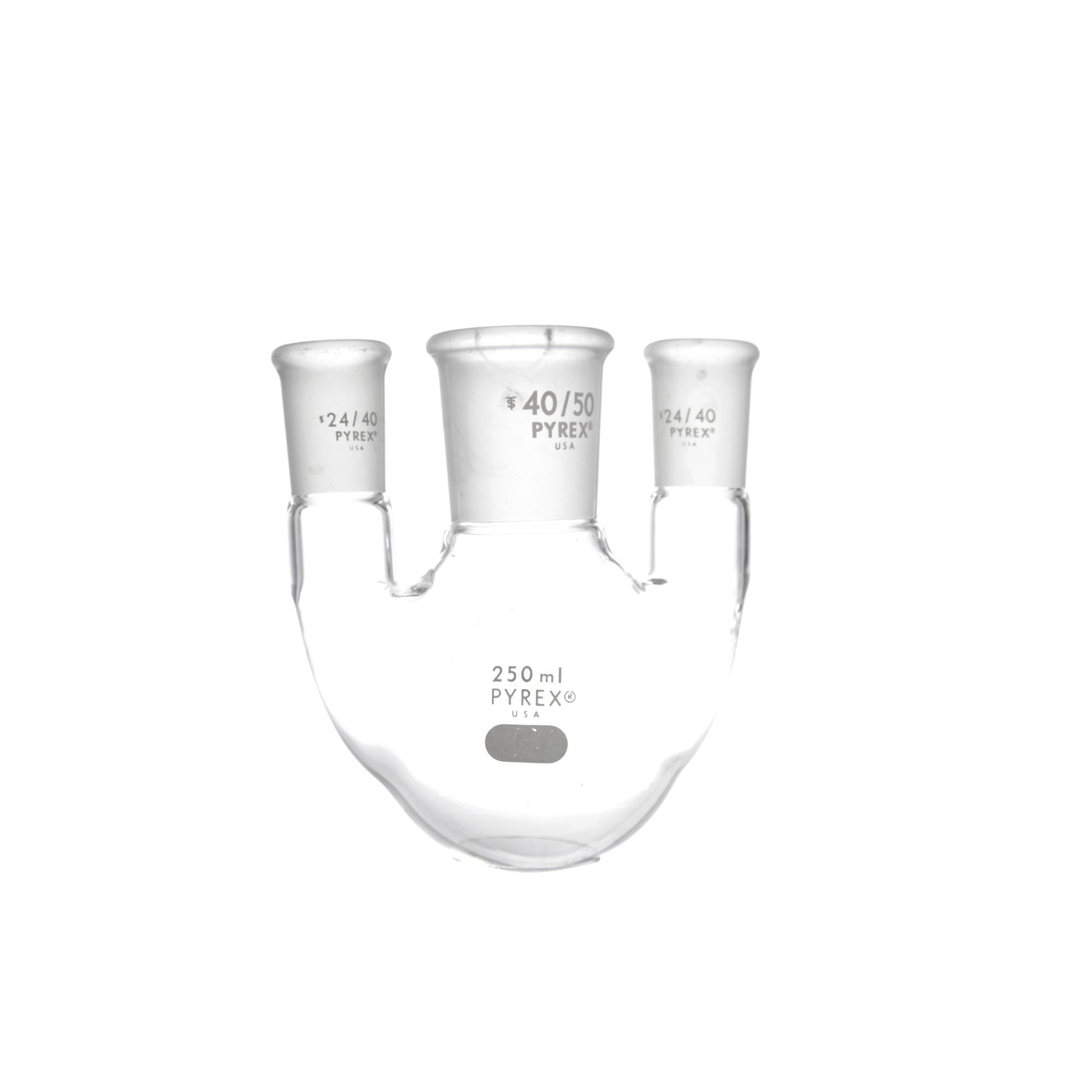 MATRAZ DE DESTILACIÓN DE 250ml CON TRES BOCAS VERTICALES. PYREX