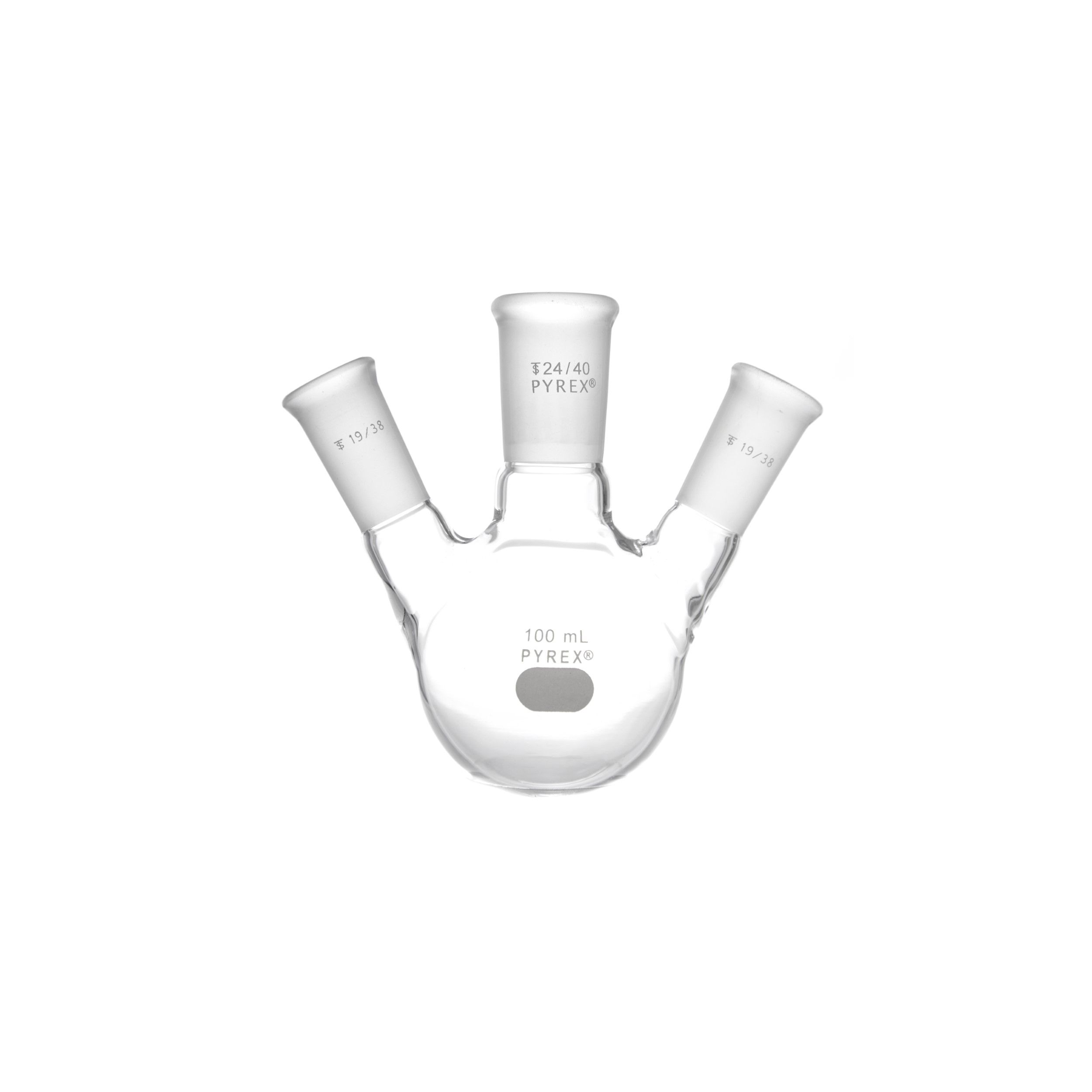 MATRAZ DE DESTILACIÓN DE 100ml CON TRES BOCAS EN ÁNGULO. PYREX