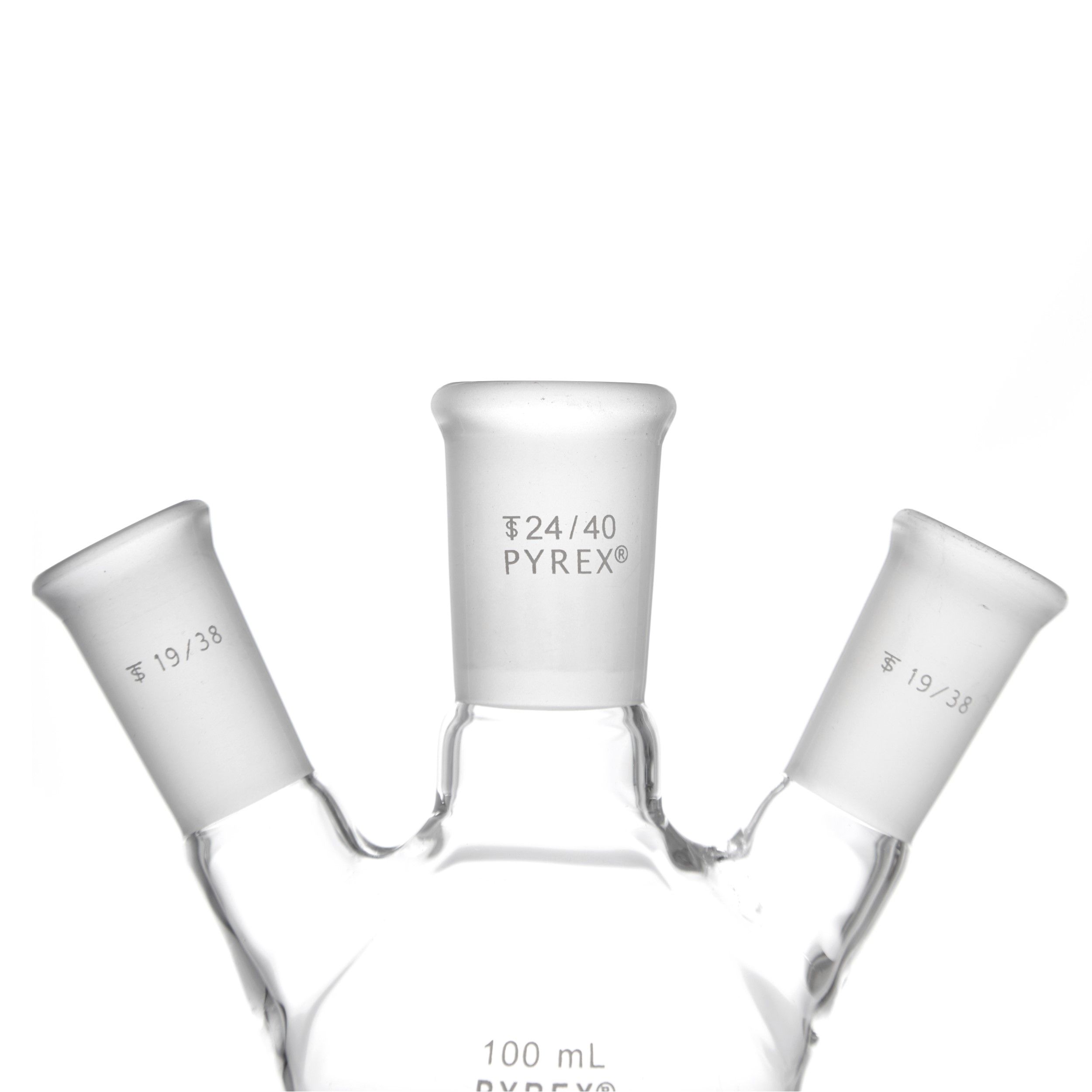MATRAZ DE DESTILACIÓN DE 100ml CON TRES BOCAS EN ÁNGULO. PYREX