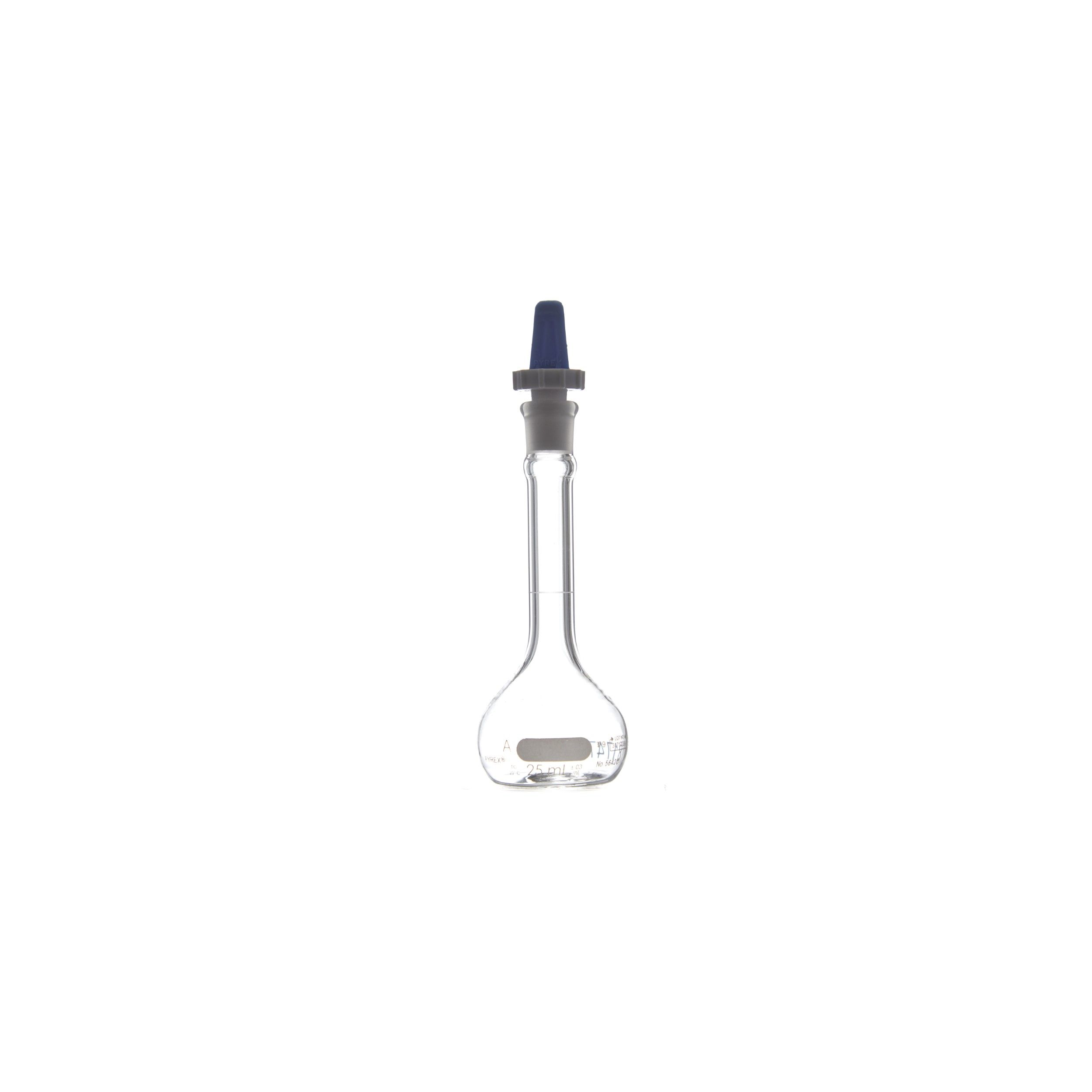MATRAZ VOLUMÉTRICO DE 25ml CLASE A ASTM. TAPÓN DE PLÁSTICO. PYREX