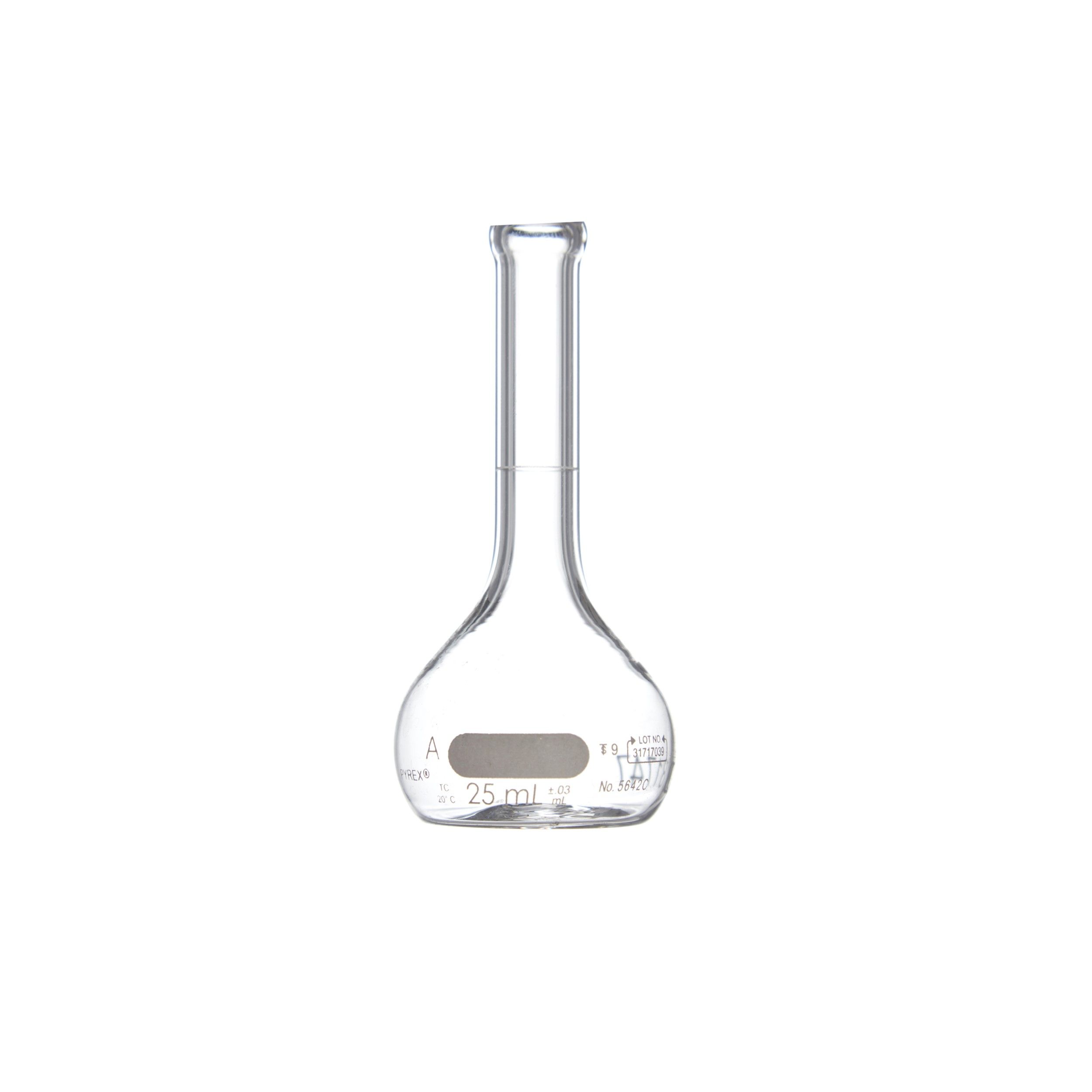 MATRAZ VOLUMÉTRICO DE 25ml CLASE A ASTM. TAPÓN DE PLÁSTICO. PYREX