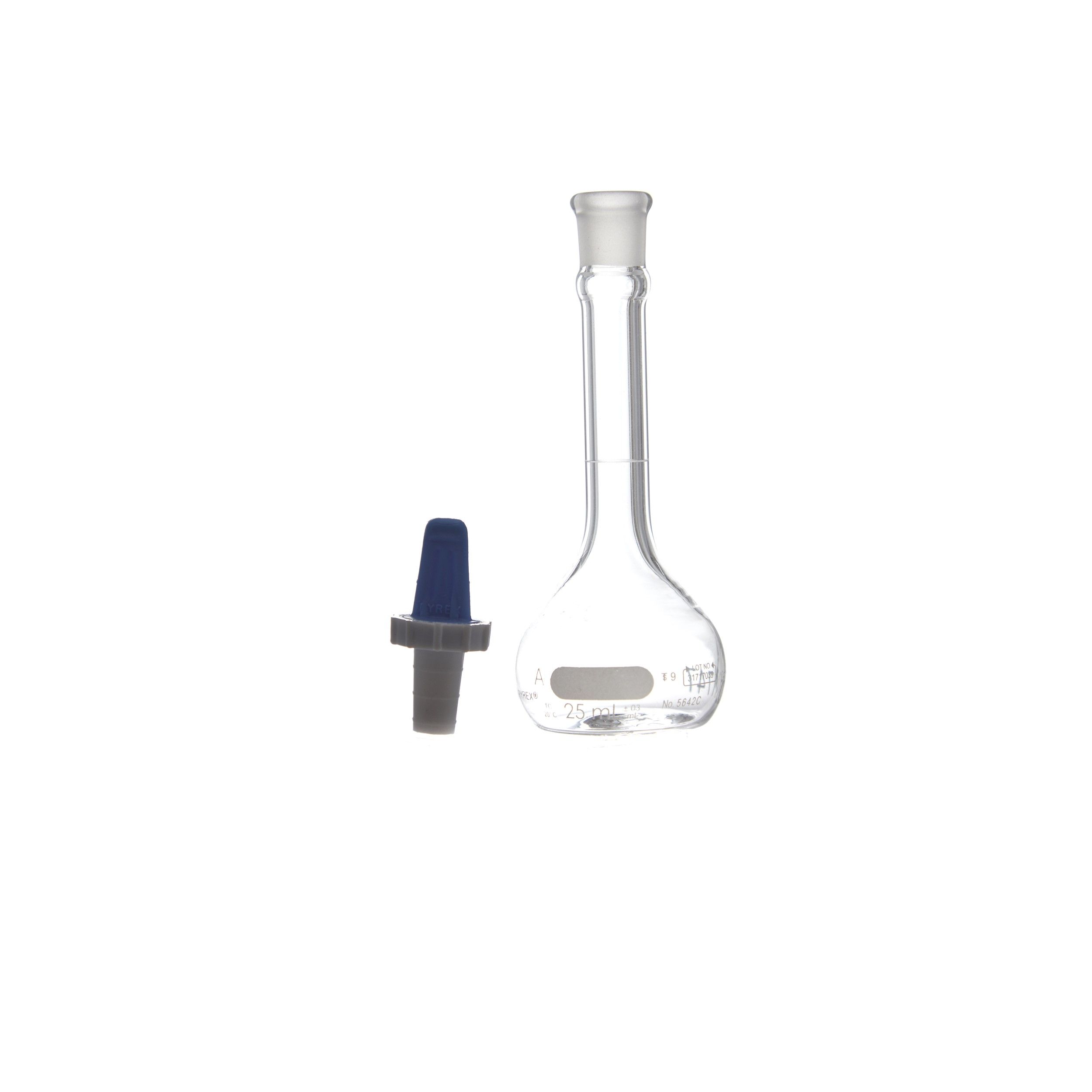 MATRAZ VOLUMÉTRICO DE 25ml CLASE A ASTM. TAPÓN DE PLÁSTICO. PYREX