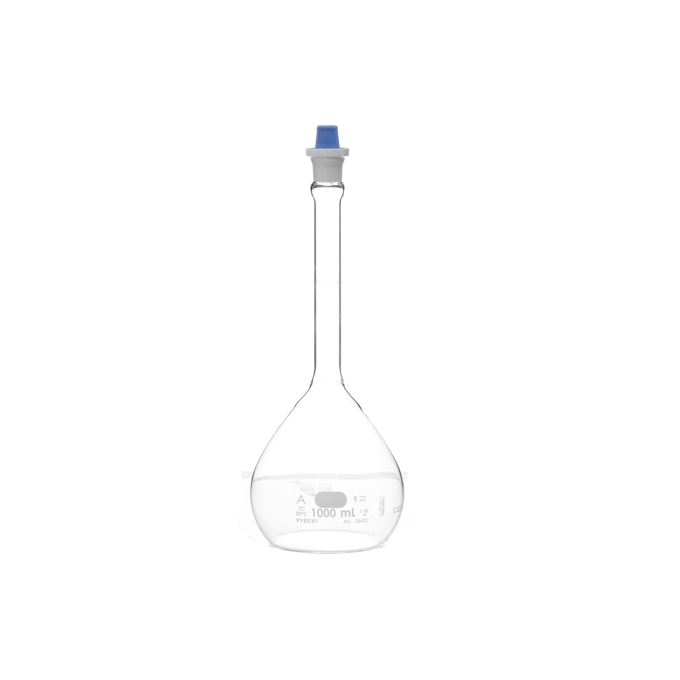 MATRAZ VOLUMÉTRICO DE 1L CLASE A ASTM. TAPÓN DE PLÁSTICO. PYREX