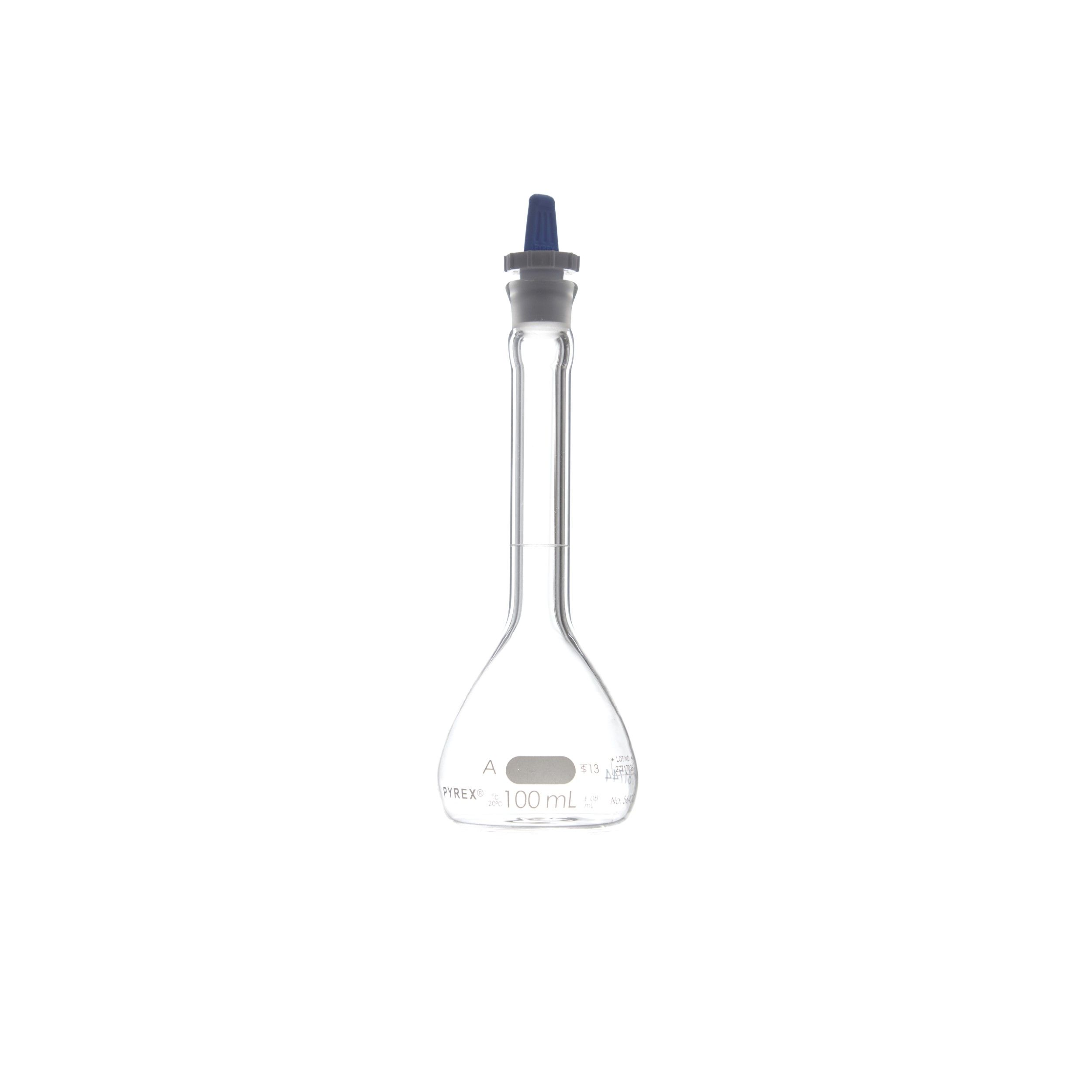 MATRAZ VOLUMÉTRICO DE 100ml CLASE A ASTm. TAPÓN DE PLÁSTICO. PYREX