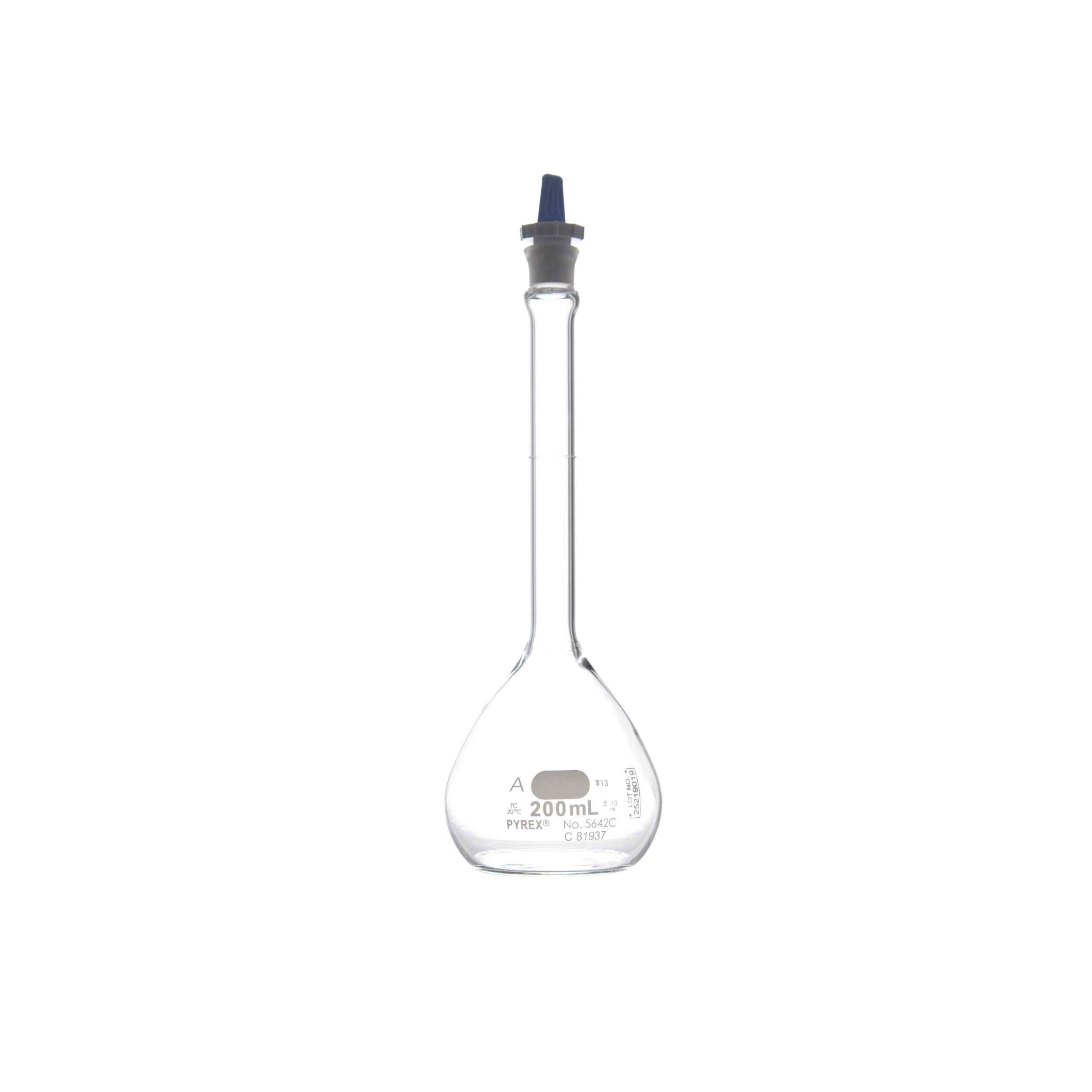 MATRAZ VOLUMÉTRICO DE 200ml CLASE A ASTM. TAPÓN DE PLÁSTICO. PYREX
