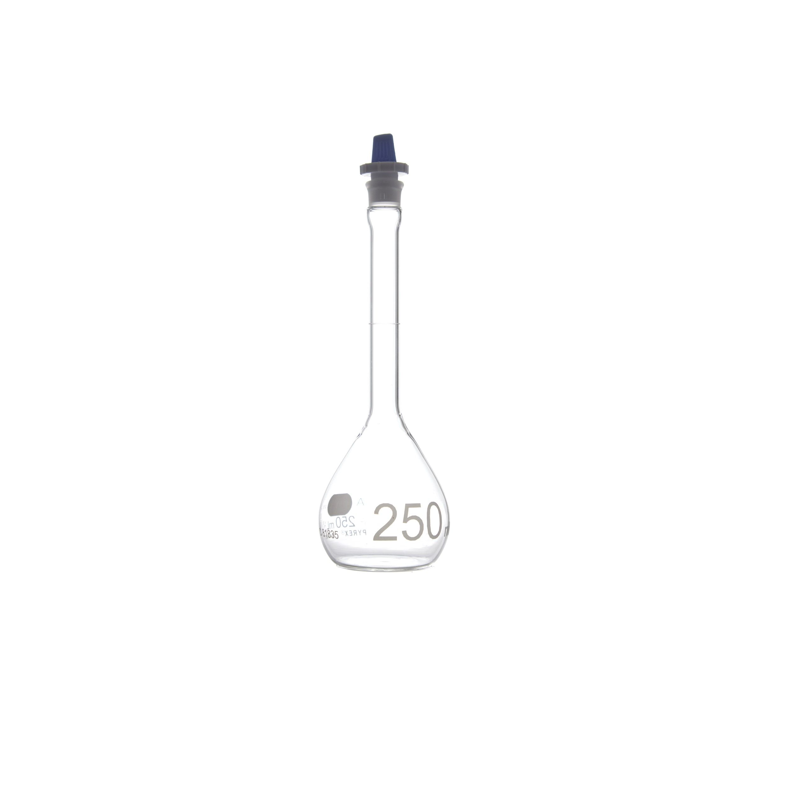 MATRAZ VOLUMÉTRICO DE 250ml CLASE A ASTM. TAPÓN DE PLÁSTICO. PYREX