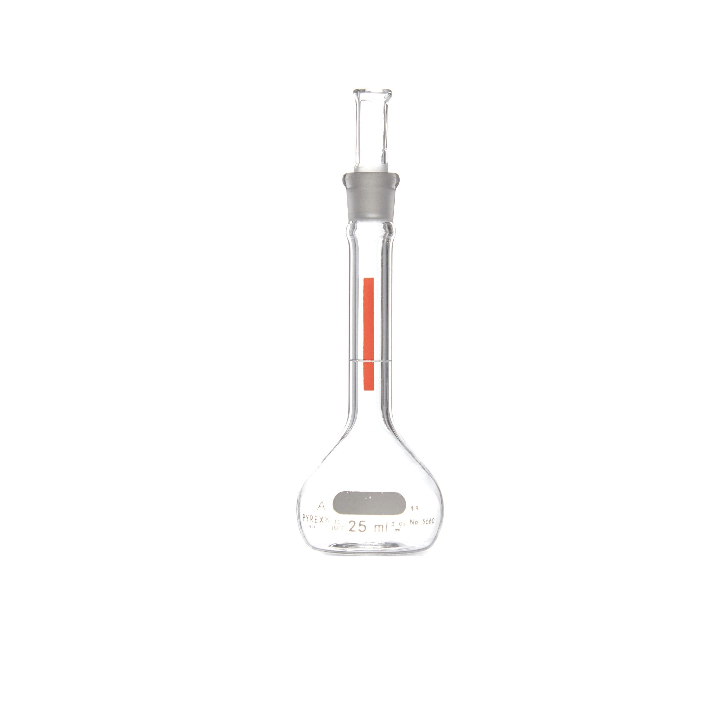 MATRAZ VOLUMÉTRICO DE 25ml CLASE A ASTM LÍNEA ROJA. PYREX