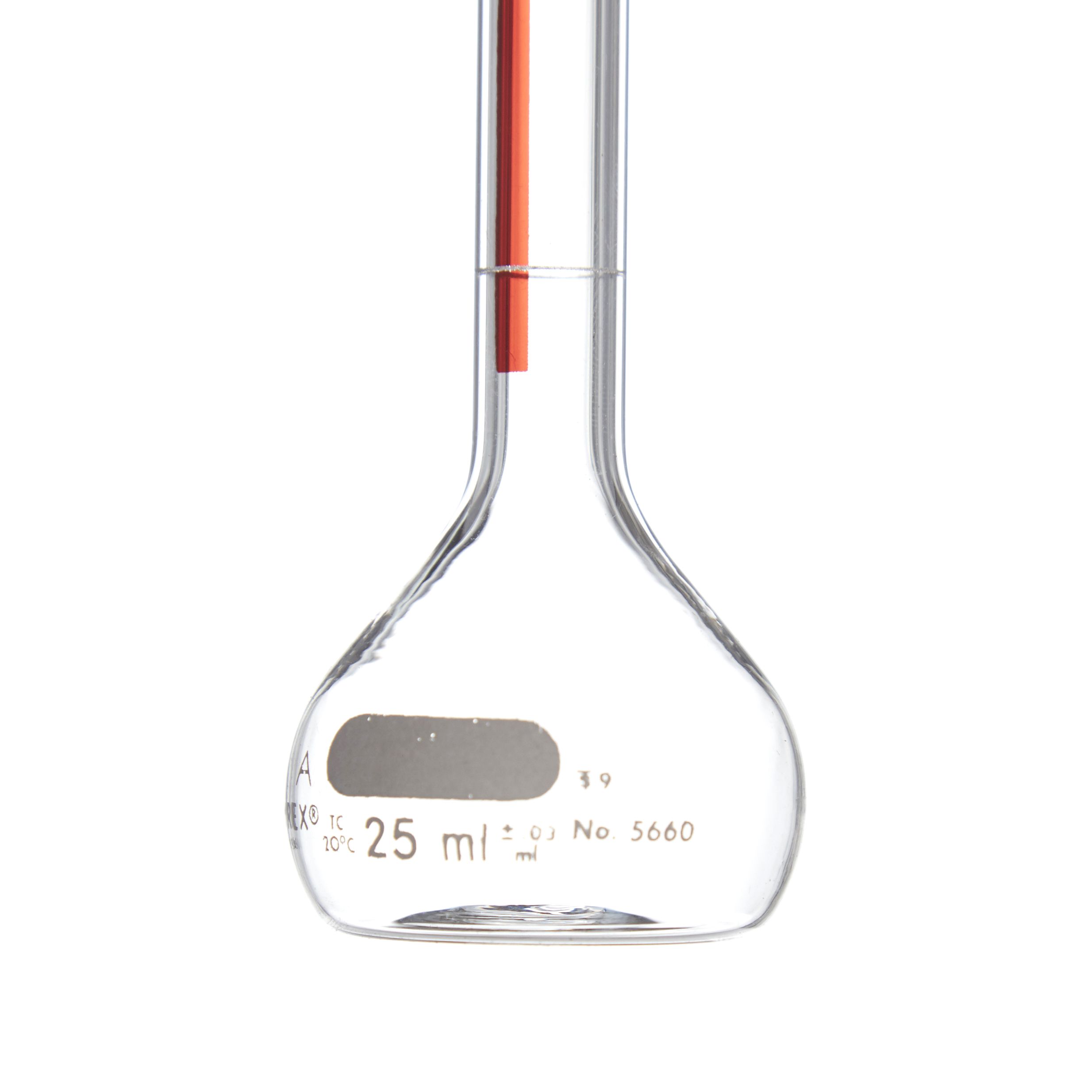 MATRAZ VOLUMÉTRICO DE 25ml CLASE A ASTM LÍNEA ROJA. PYREX