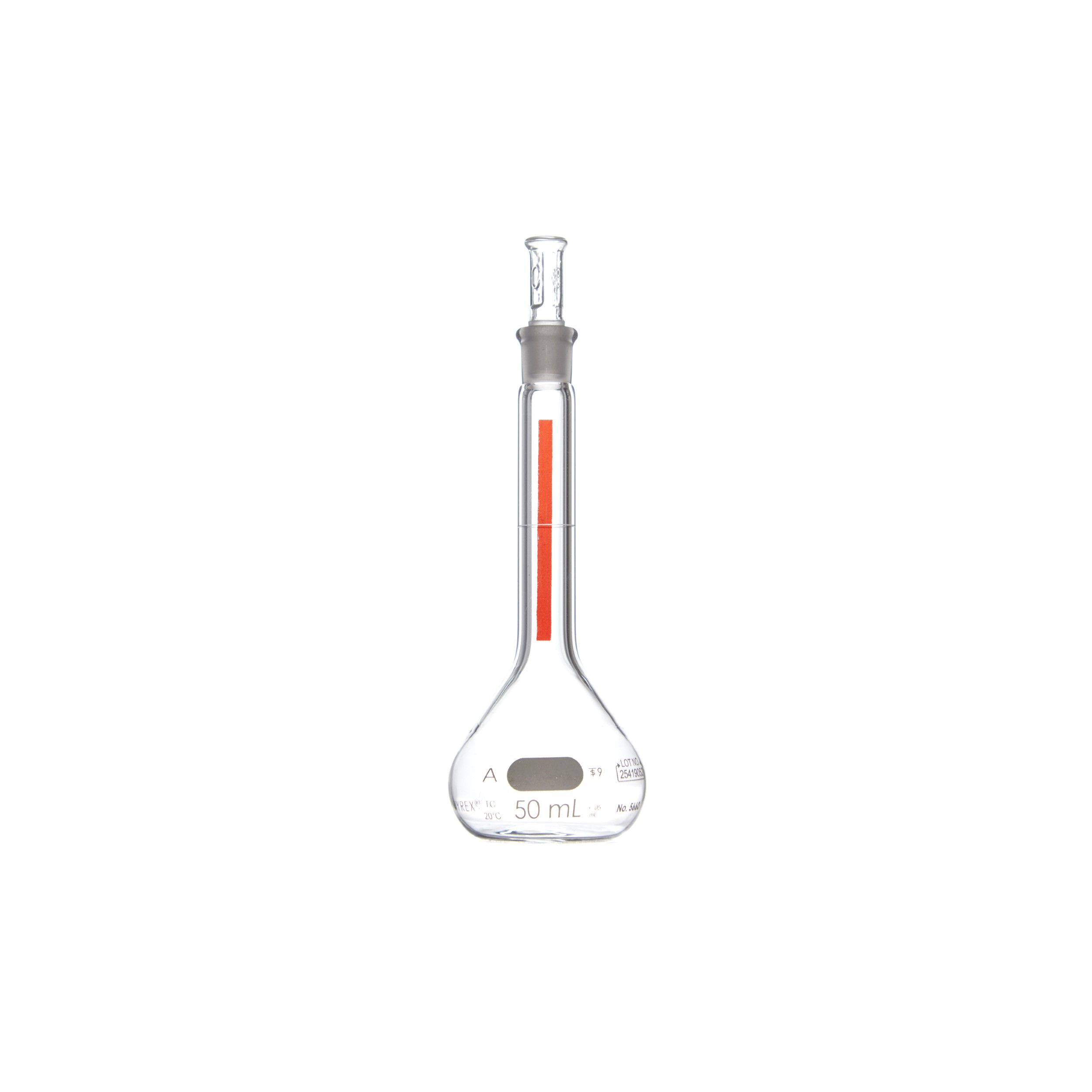 MATRAZ VOLUMÉTRICO DE 50ml CLASE A ASTM LÍNEA ROJA. PYREX