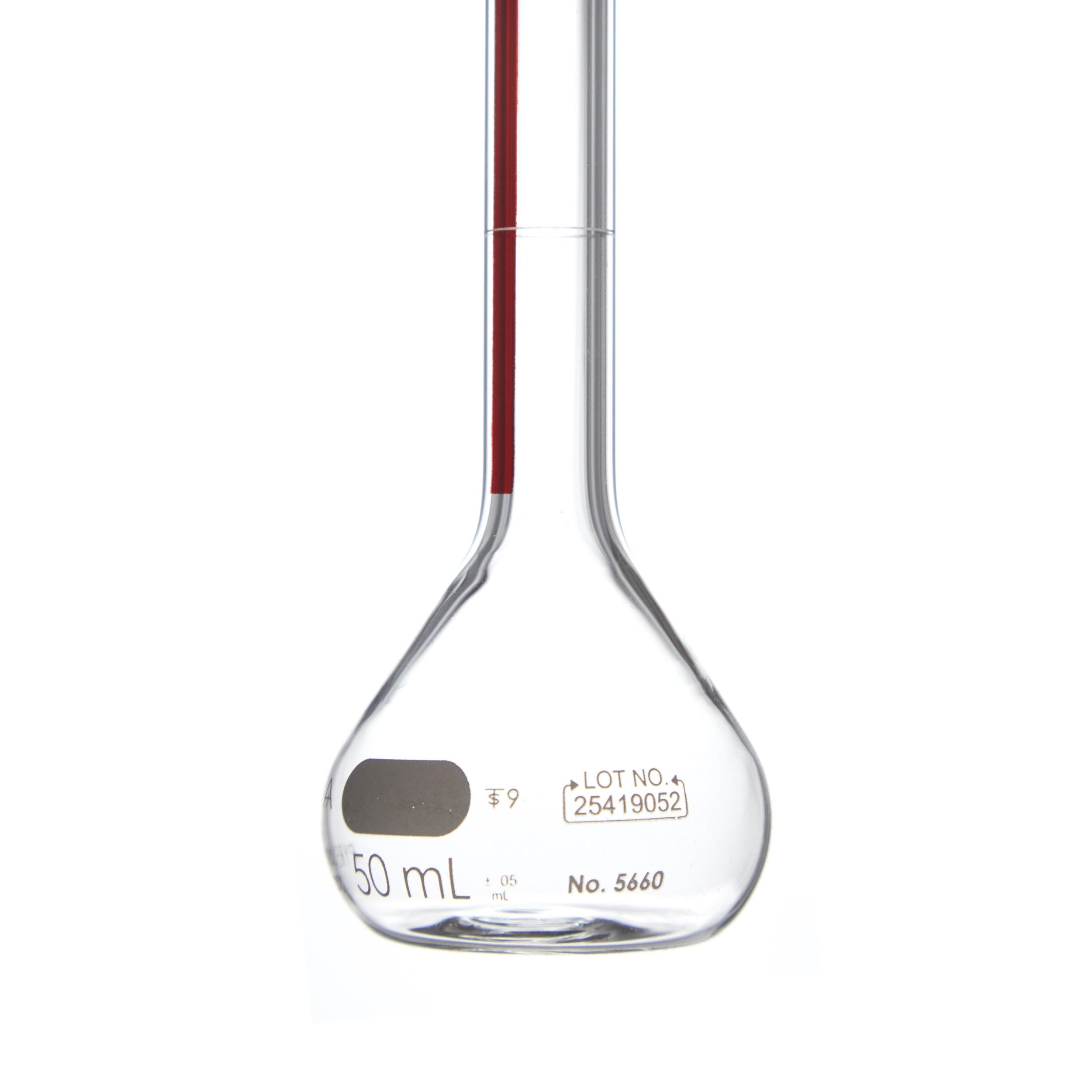 MATRAZ VOLUMÉTRICO DE 50ml CLASE A ASTM LÍNEA ROJA. PYREX