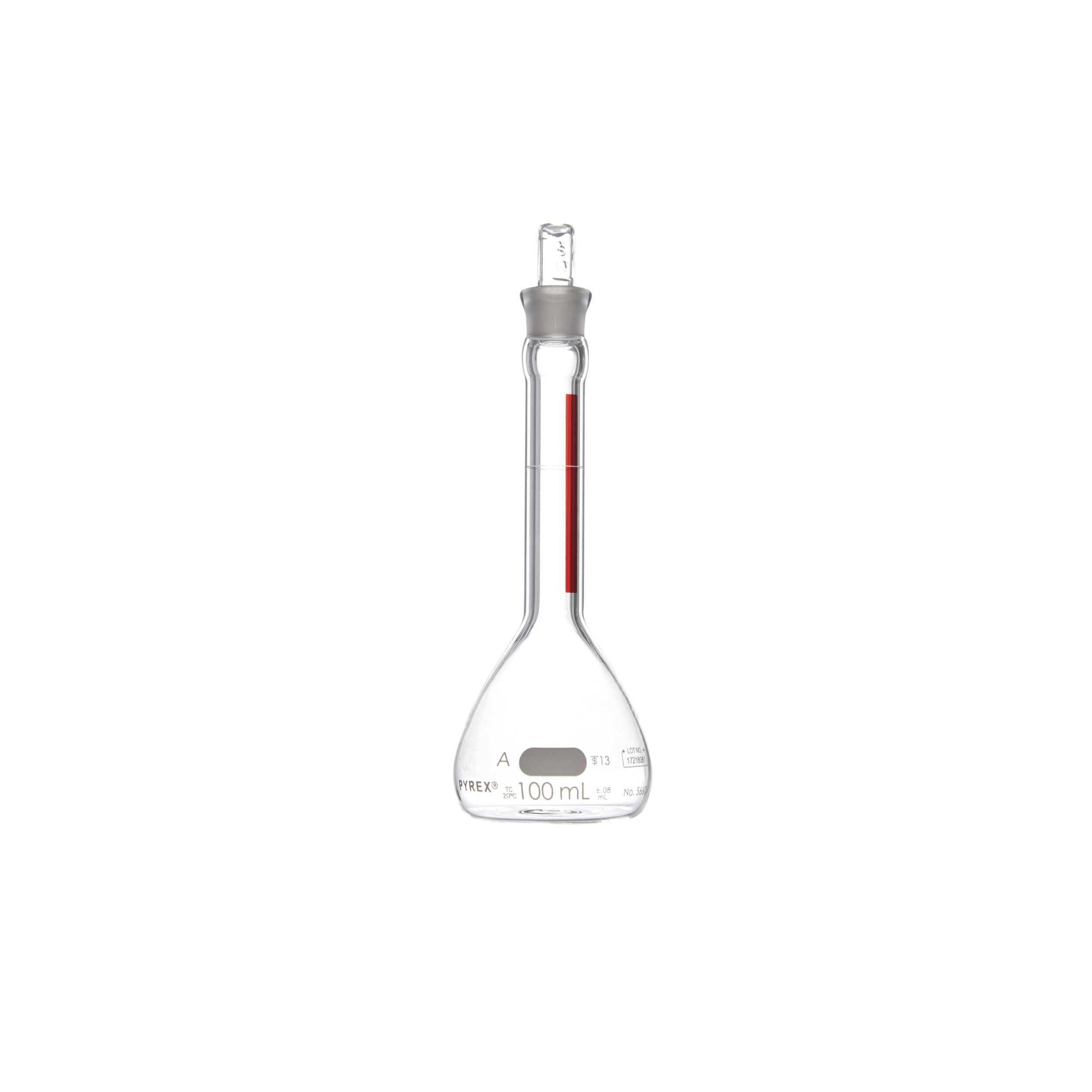 MATRAZ VOLUMÉTRICO DE 100ml CLASE A ASTM LÍNEA ROJA. PYREX