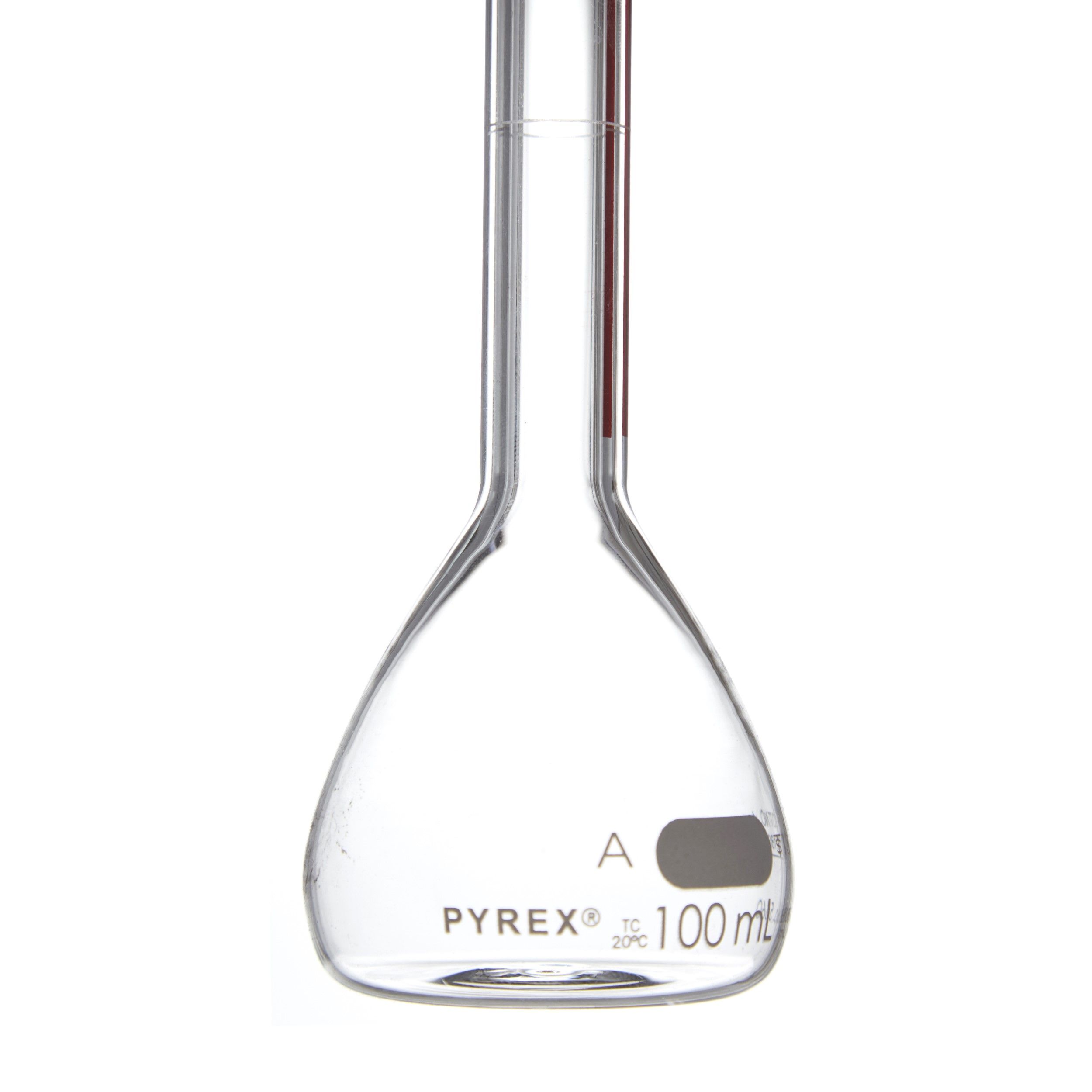 MATRAZ VOLUMÉTRICO DE 100ml CLASE A ASTM LÍNEA ROJA. PYREX