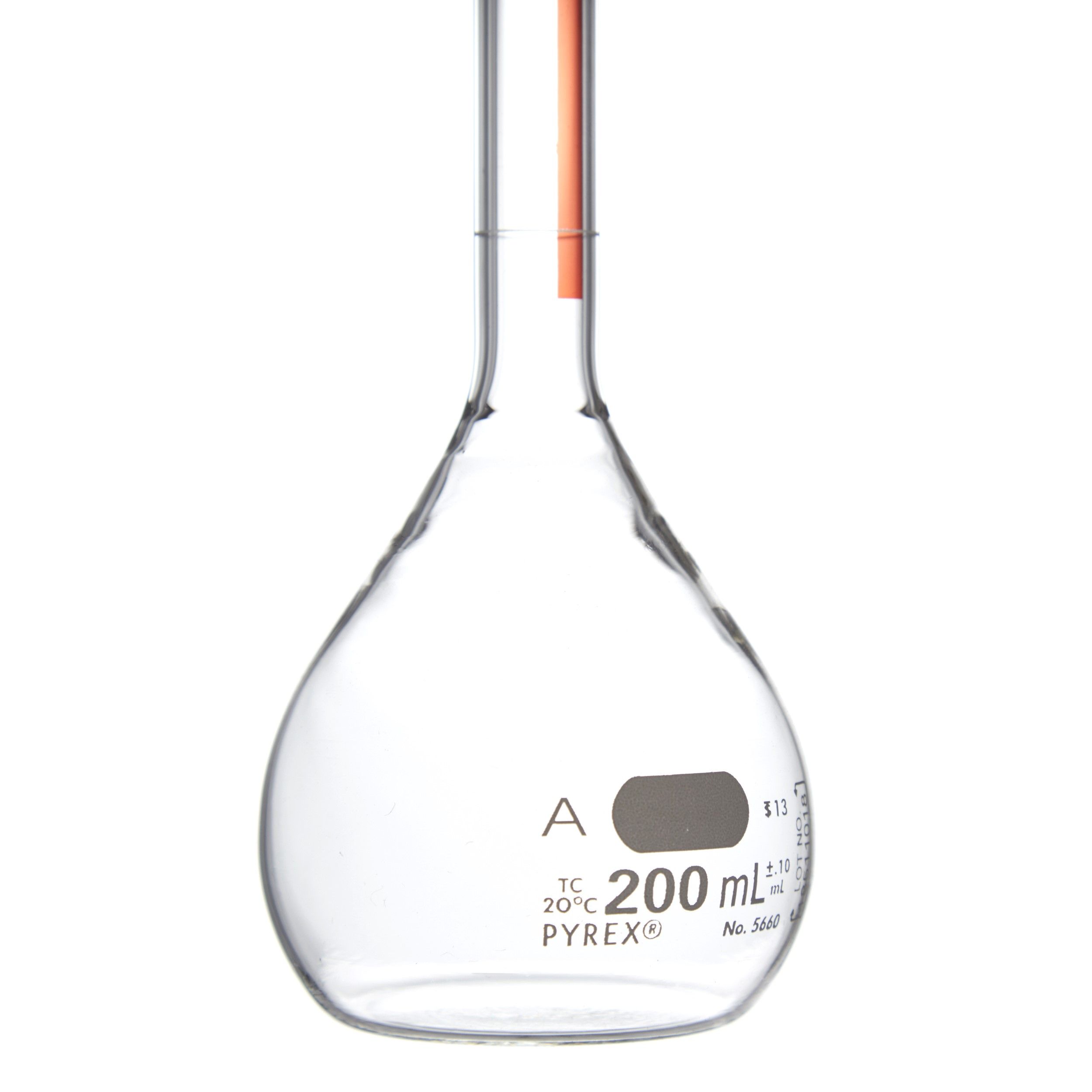 MATRAZ VOLUMÉTRICO DE 200ml CLASE A ASTM LÍNEA ROJA. PYREX
