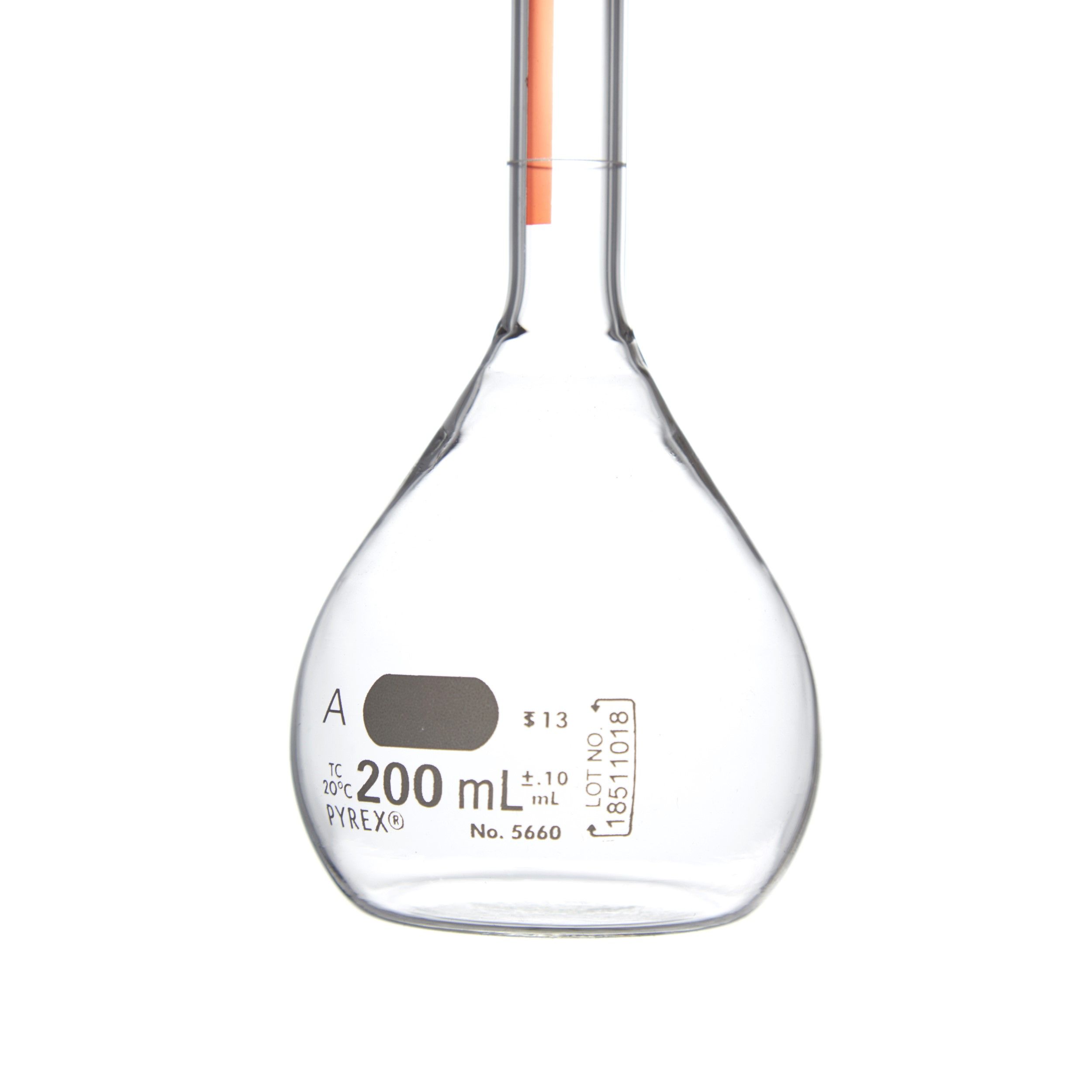 MATRAZ VOLUMÉTRICO DE 200ml CLASE A ASTM LÍNEA ROJA. PYREX