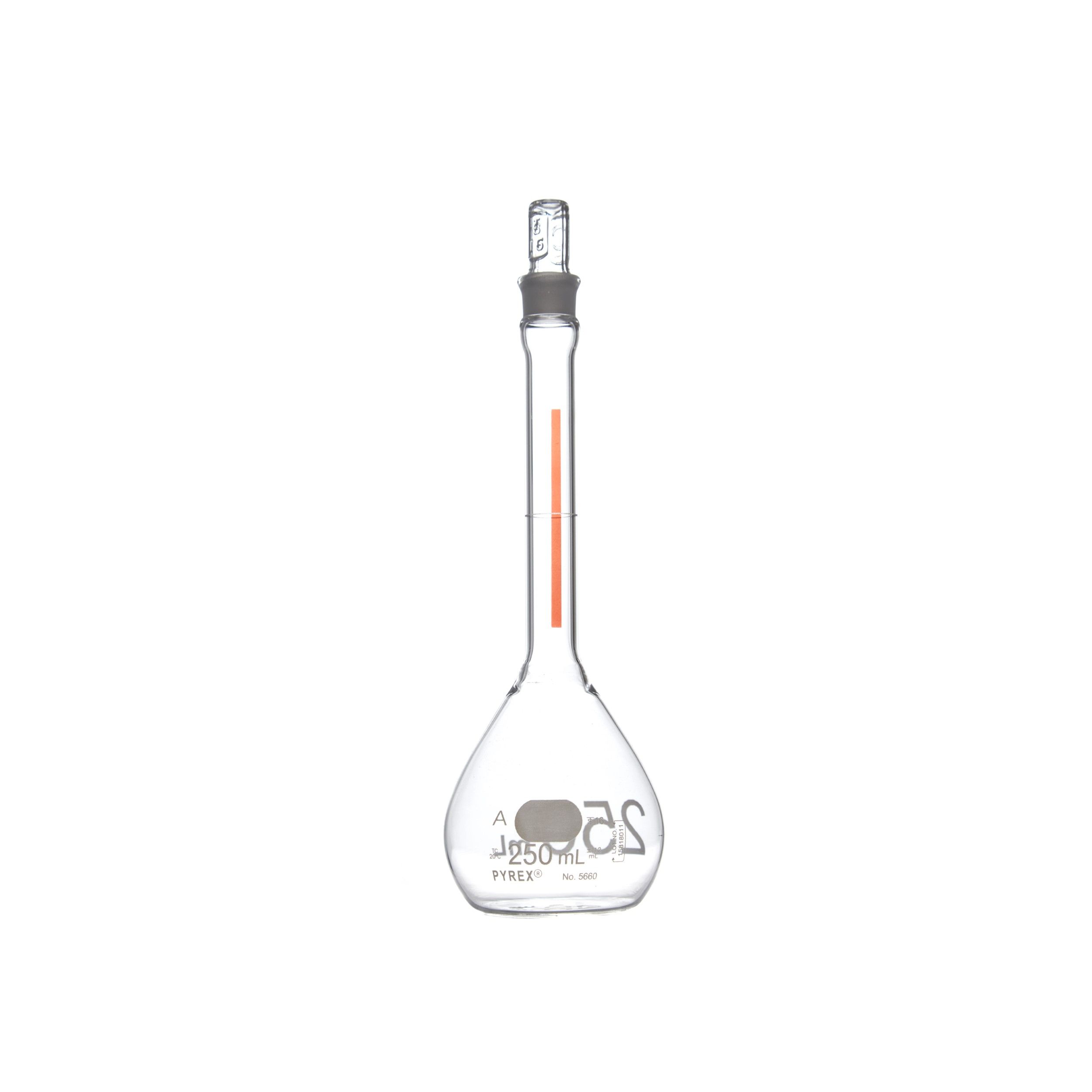 MATRAZ VOLUMÉTRICO DE 250ml CLASE A ASTM LÍNEA ROJA. PYREX