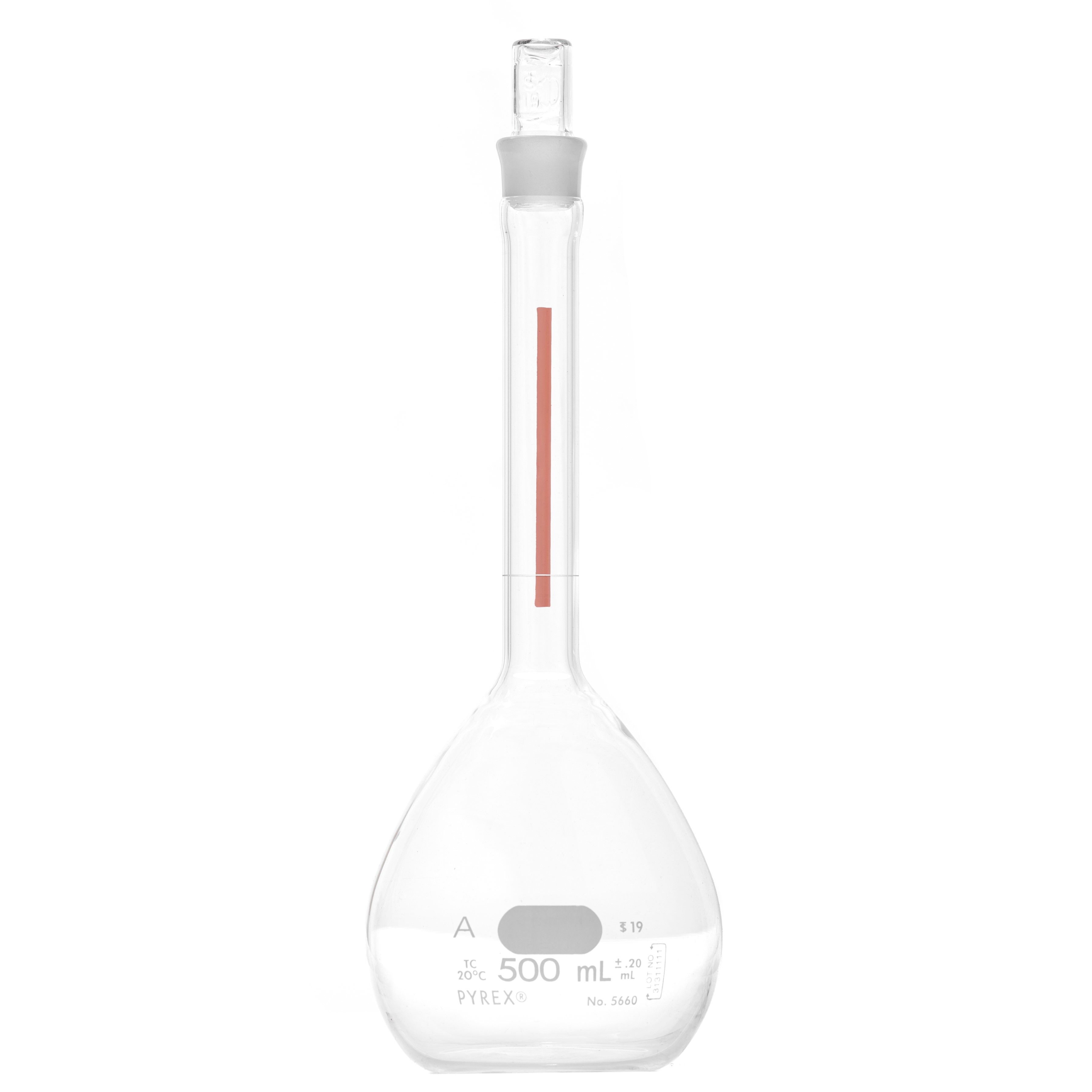 MATRAZ VOLUMÉTRICO DE 500ml CLASE A ASTM LÍNEA ROJA. PYREX