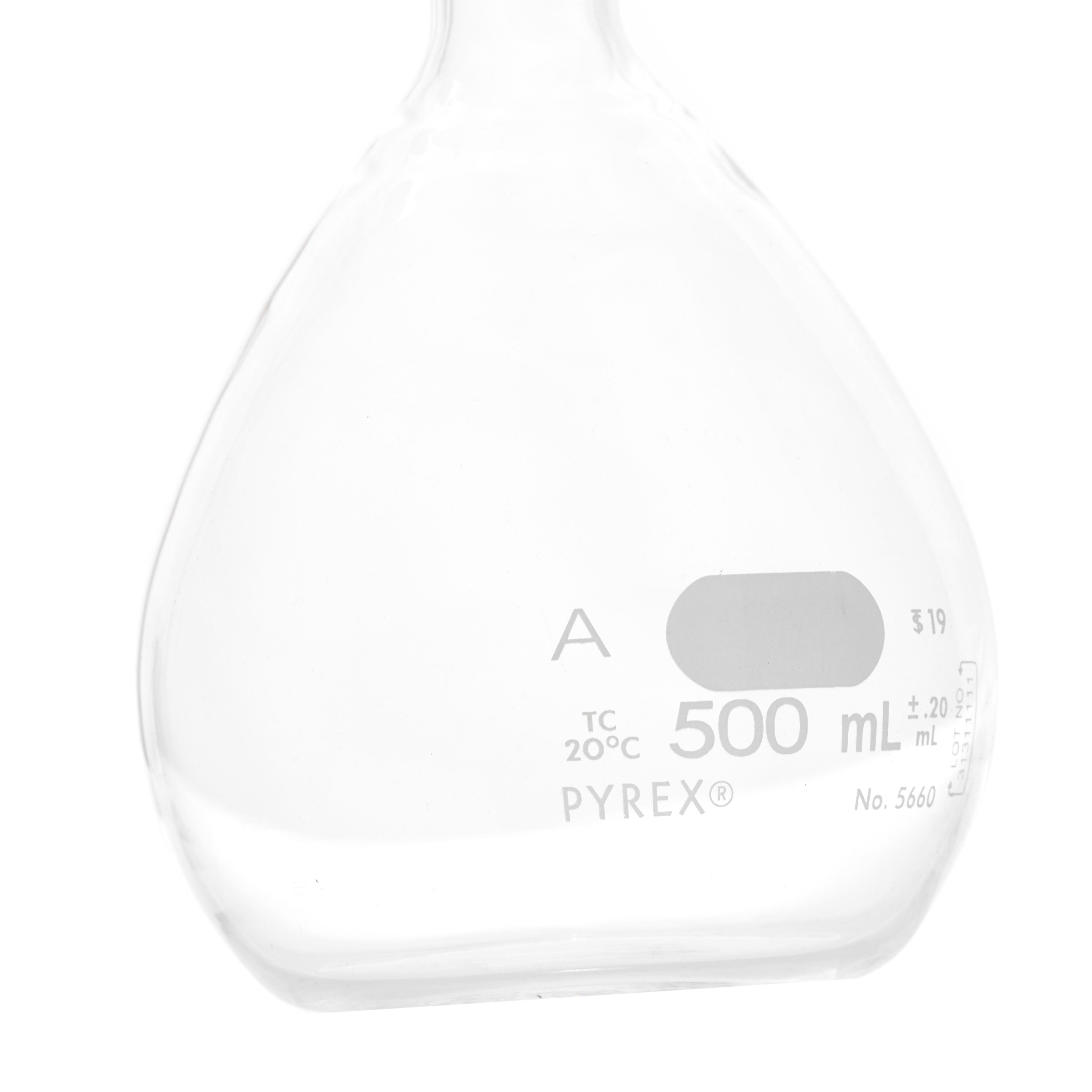 MATRAZ VOLUMÉTRICO DE 500ml CLASE A ASTM LÍNEA ROJA. PYREX