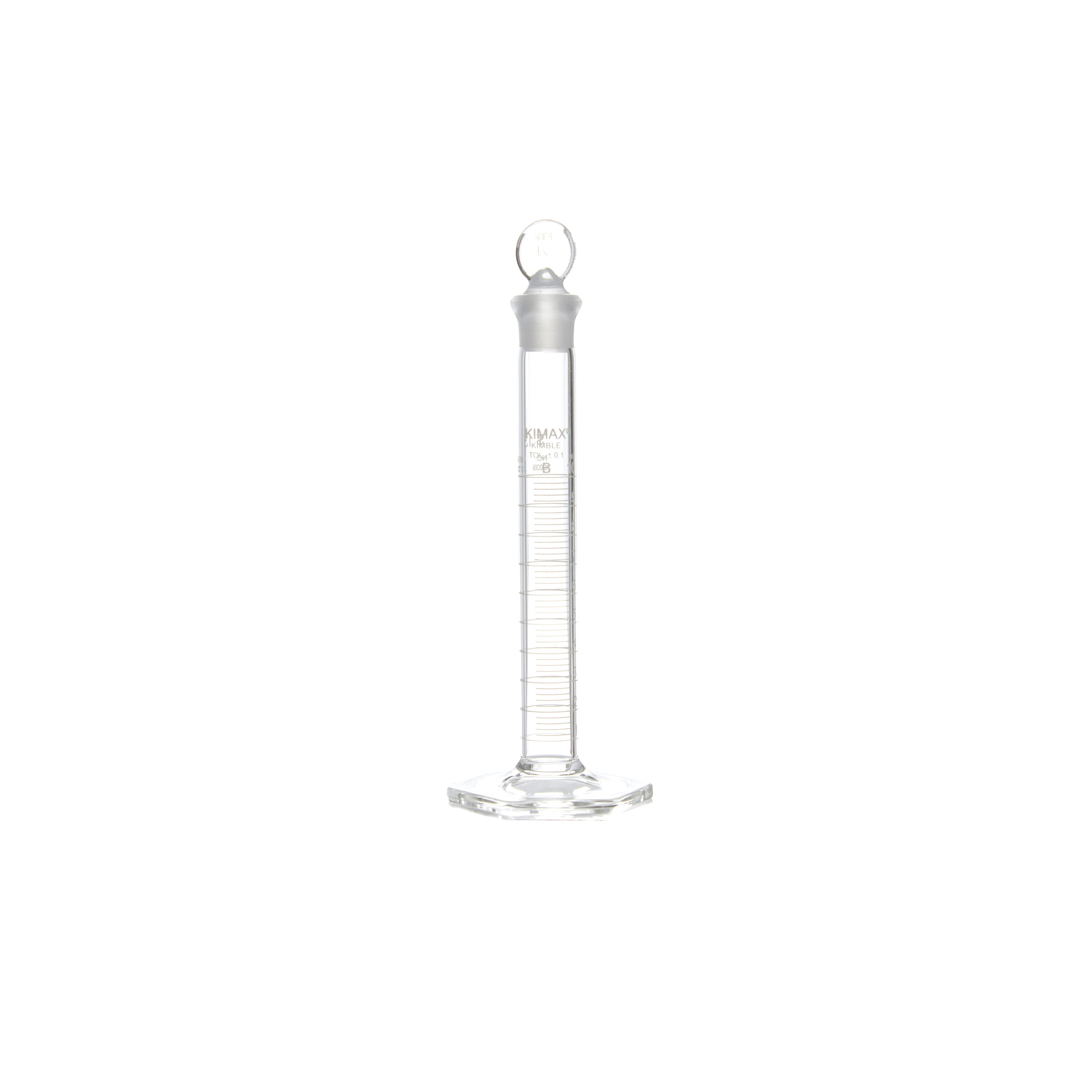 PROBETA GRADUADA DE 10ml CLASE B ASTM CON TAPÓN DE VIDRIO TIPO CABEZA DE CENTAVO. KIMAX