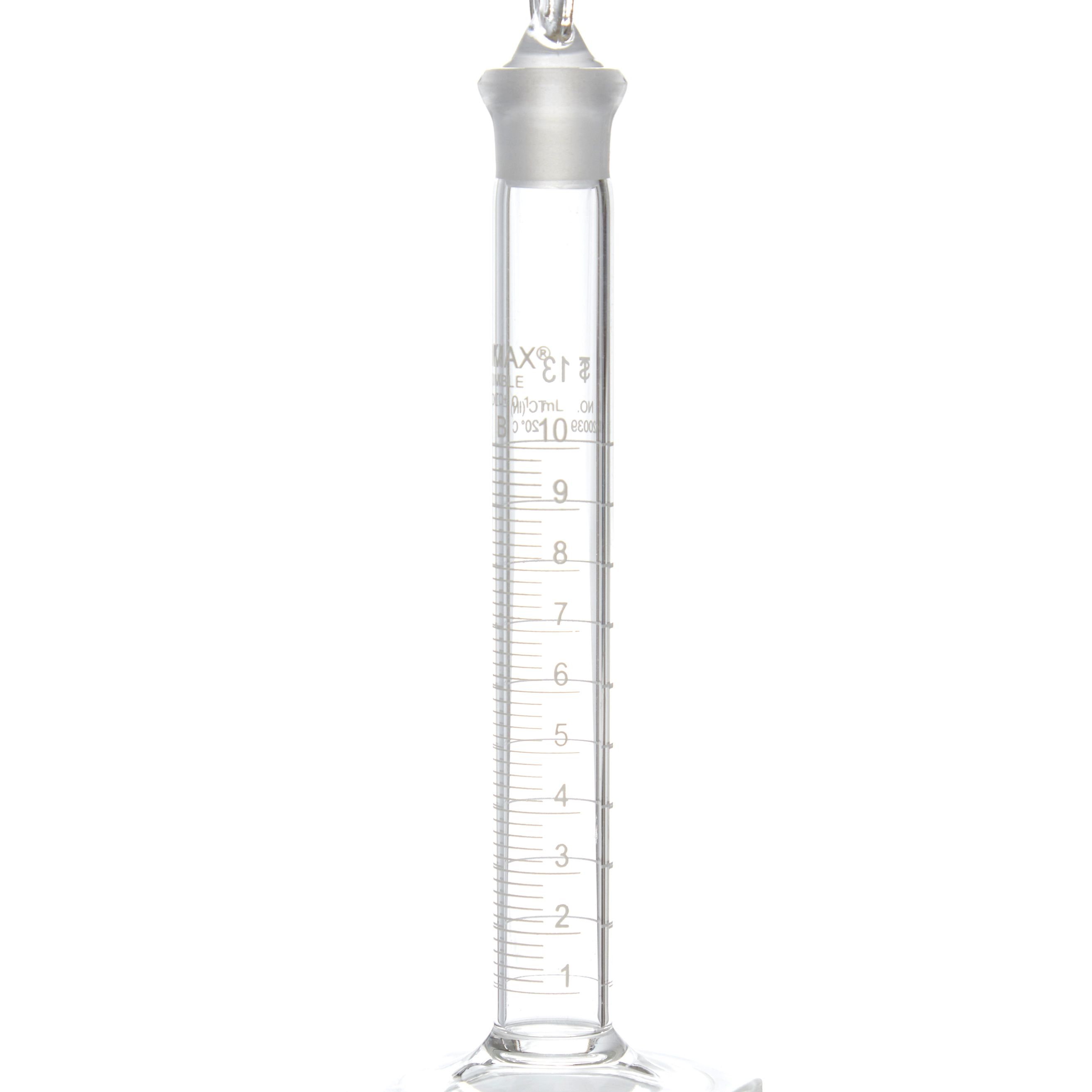 PROBETA GRADUADA DE 10ml CLASE B ASTM CON TAPÓN DE VIDRIO TIPO CABEZA DE CENTAVO. KIMAX