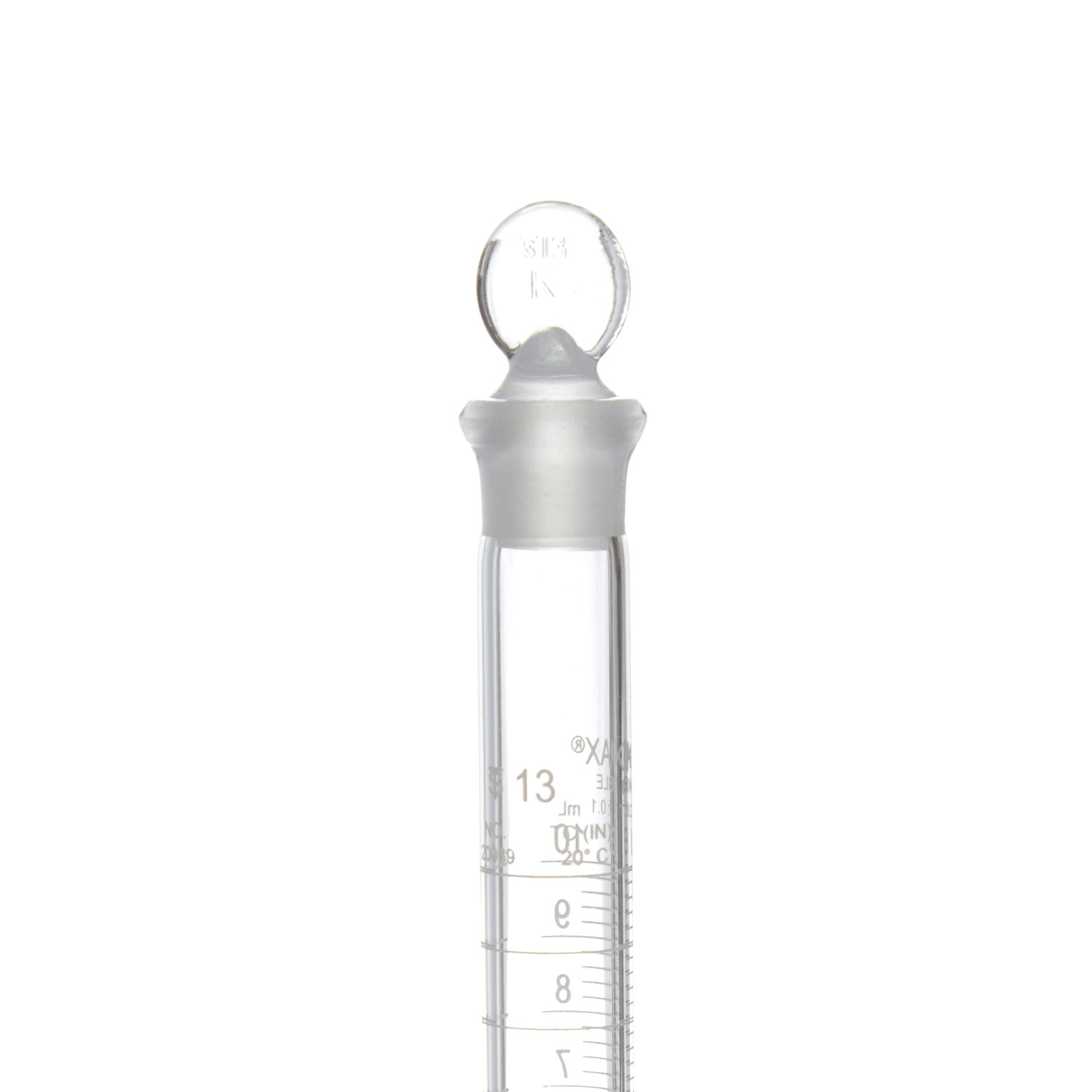 PROBETA GRADUADA DE 10ml CLASE B ASTM CON TAPÓN DE VIDRIO TIPO CABEZA DE CENTAVO. KIMAX