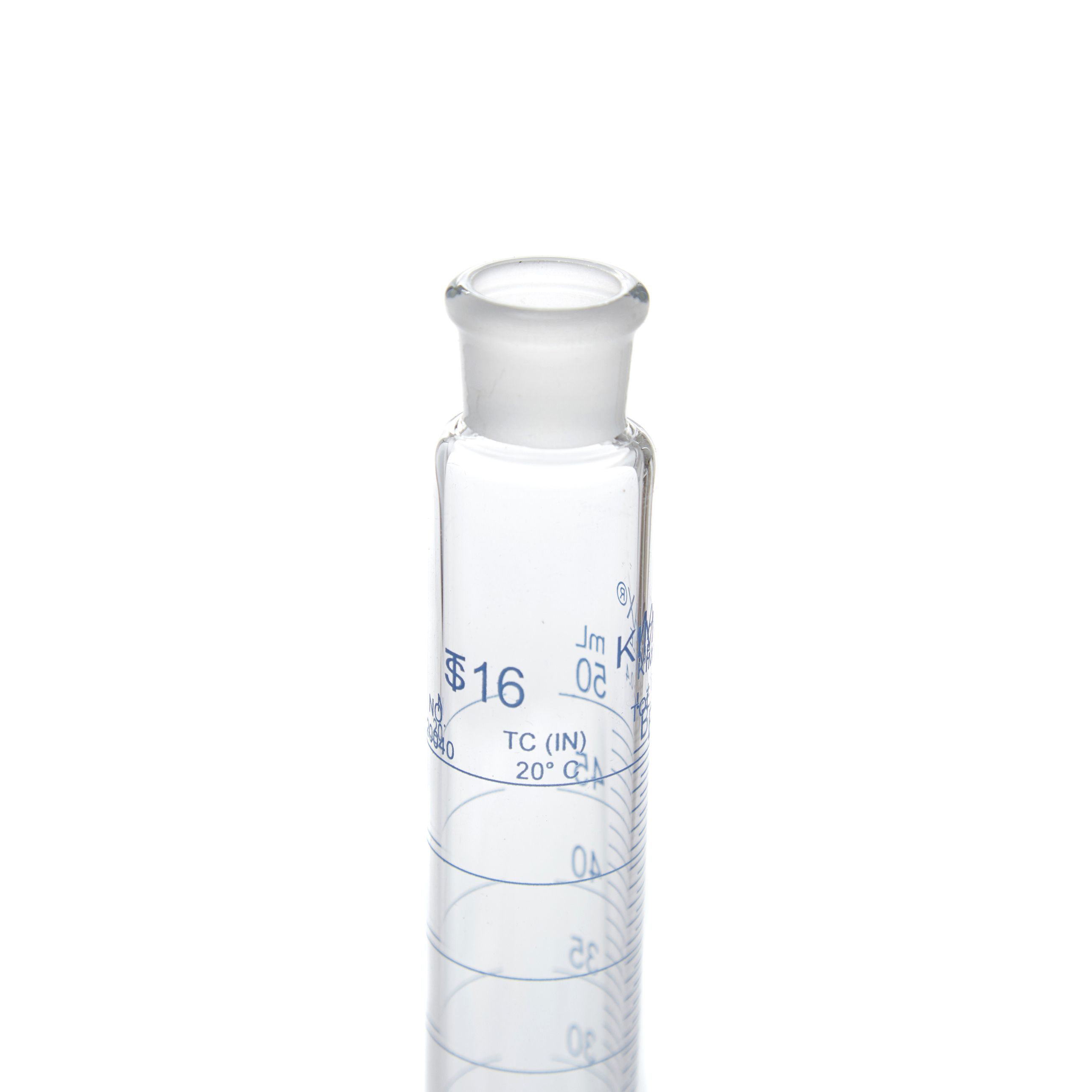 PROBETA GRADUADA DE 50ml CLASE B ASTM CON TAPÓN DE VIDRIO. GRADUACIÓN EN COLOR AZUl. KIMAX