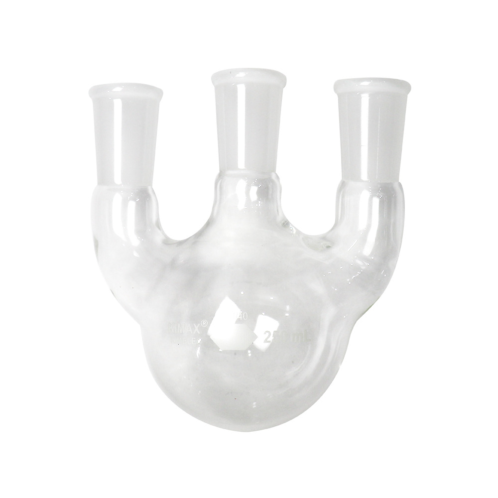 MATRAZ DE DESTILACIÓN DE 250 ml CON TRES BOCAS VERTICALES. KIMAX