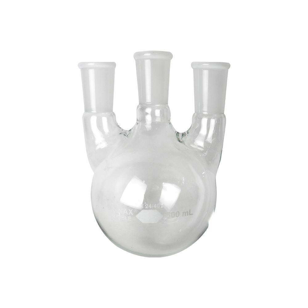 MATRAZ DE DESTILACIÓN DE 500 ml CON TRES BOCAS VERTICALES. KIMAX