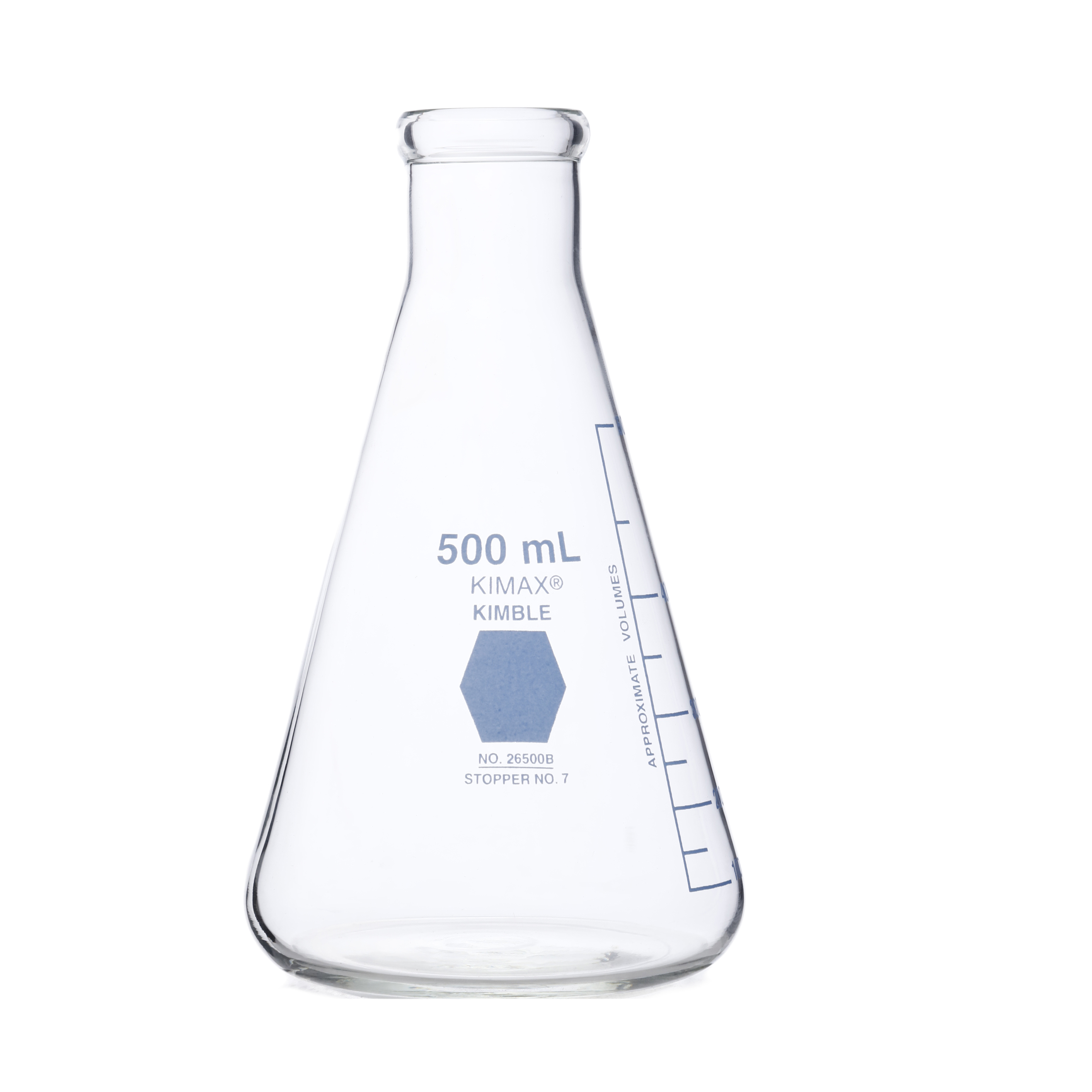 MATRAZ ERLENMEYER DE 500ml CON GRADUACIÓN EN AZUl. KIMAX