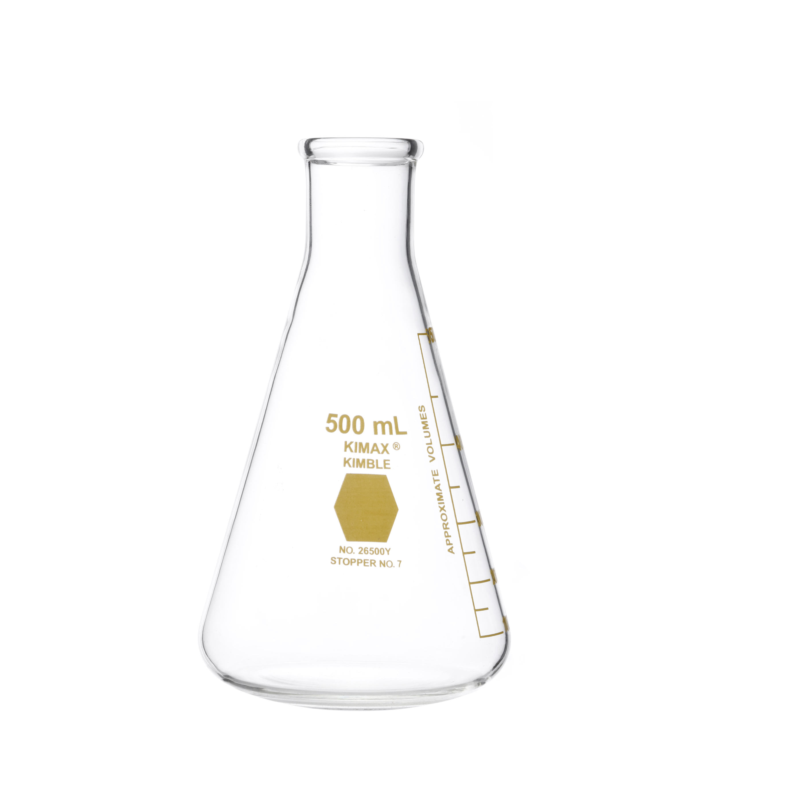 MATRAZ ERLENMEYER DE 500ml CON GRADUACIÓN EN AMARILLO. KIMAX