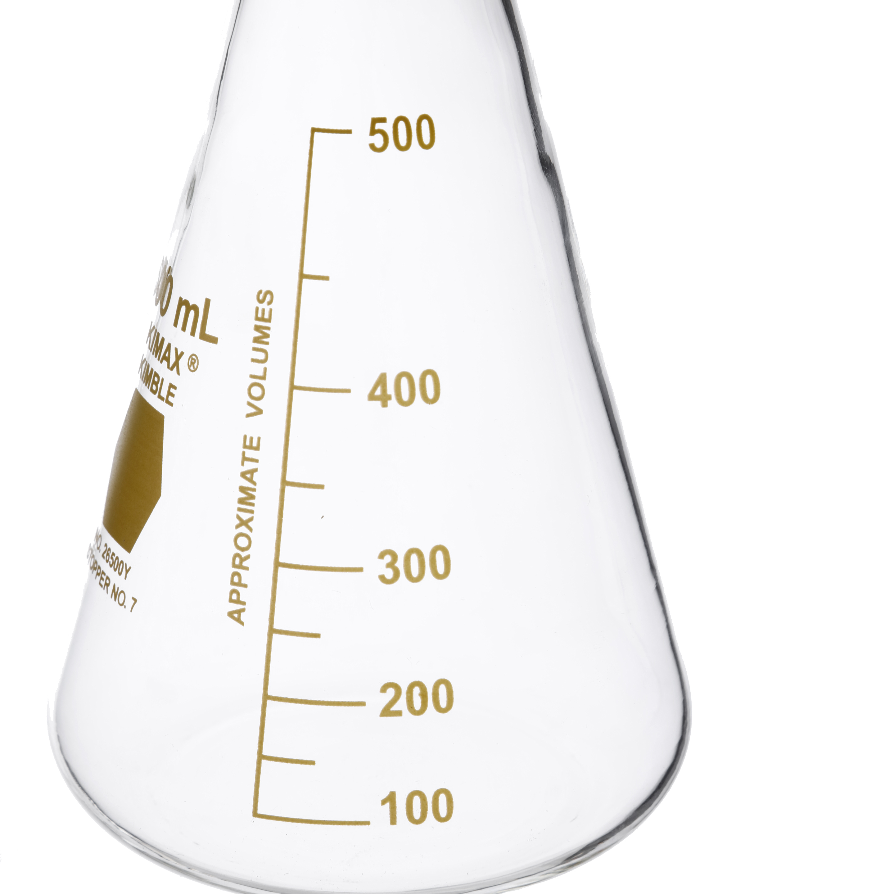 MATRAZ ERLENMEYER DE 500ml CON GRADUACIÓN EN AMARILLO. KIMAX