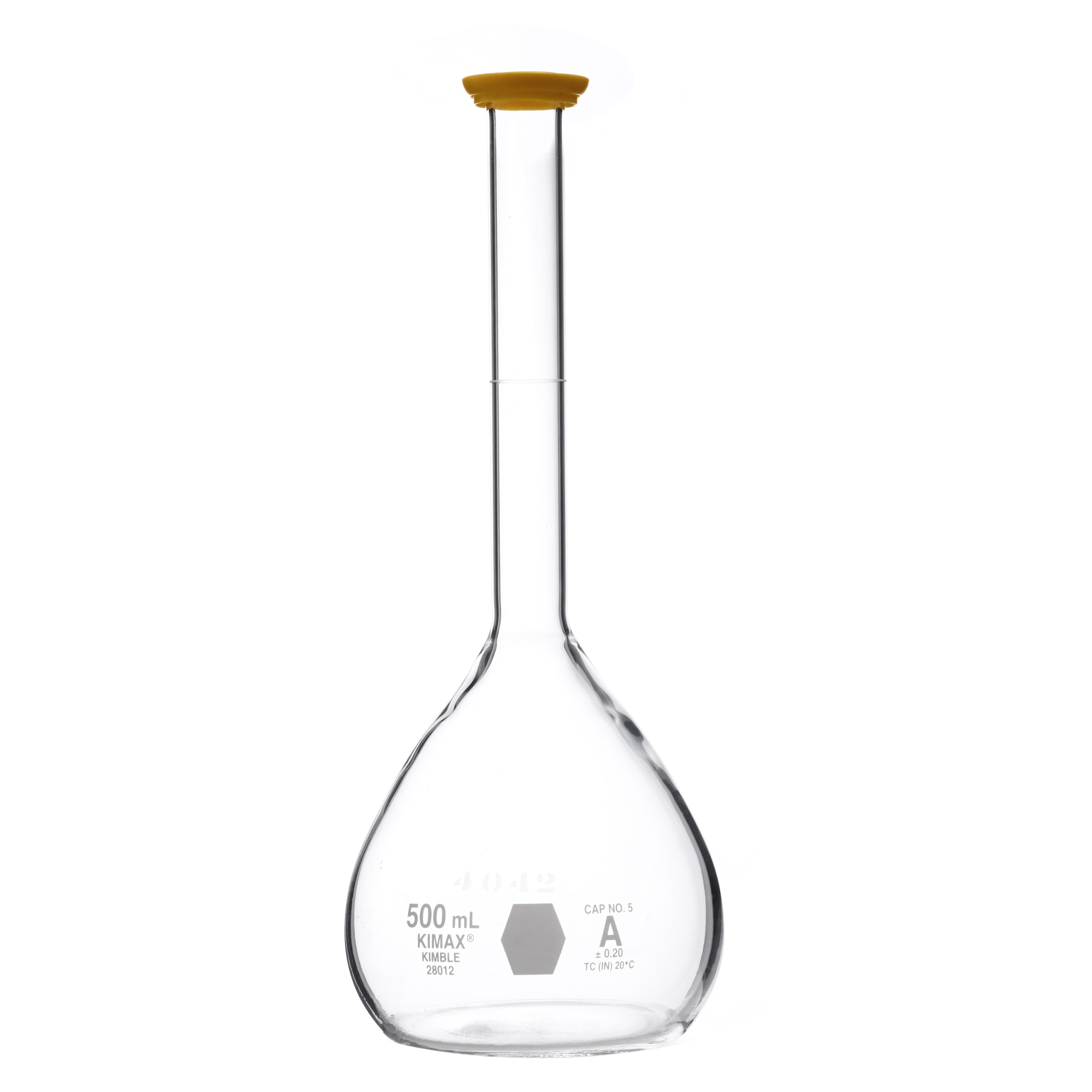 MATRAZ VOLUMÉTRICO DE 500ml CLASE A ASTM CON CERTIFICADO VIDRIO. KIMAX