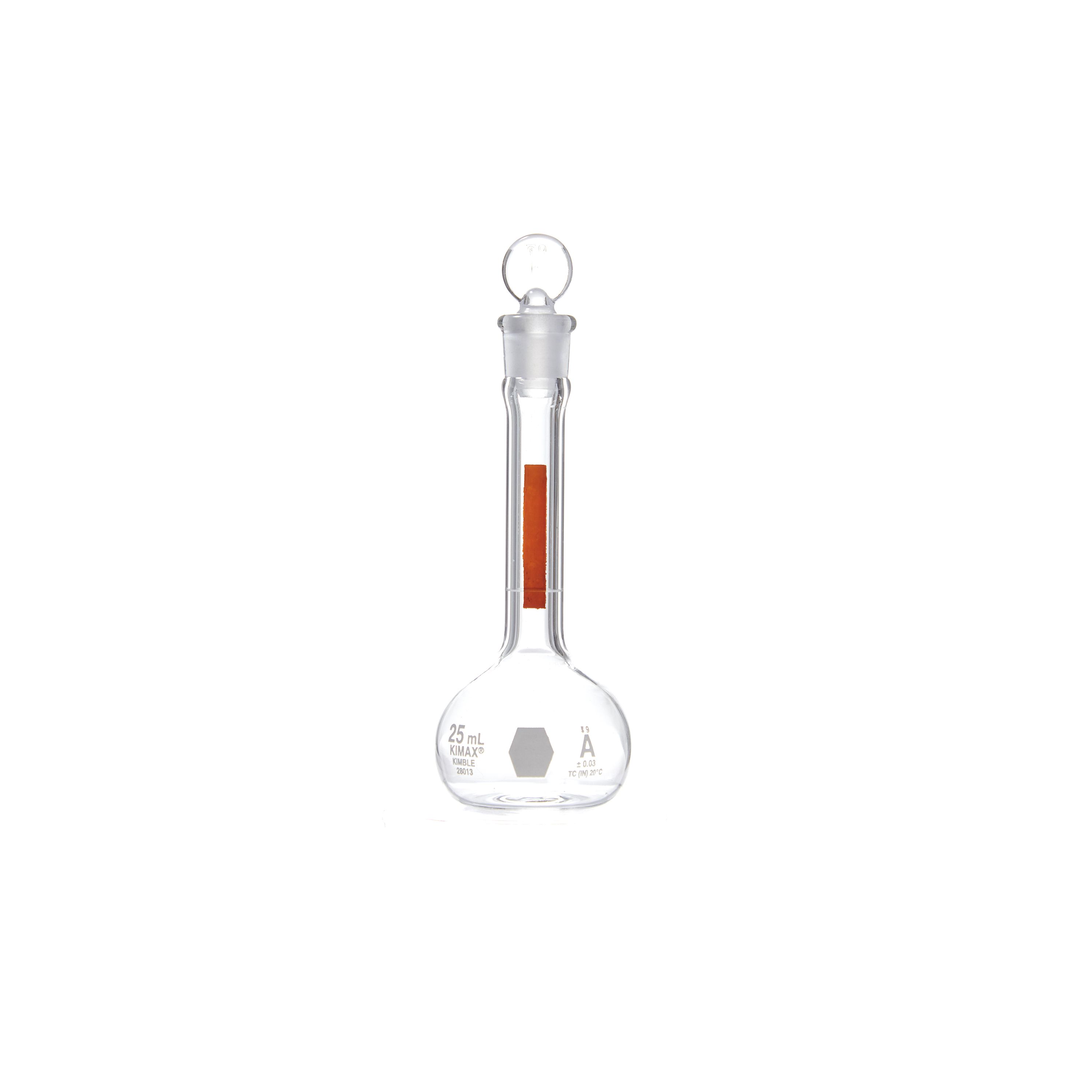 MATRAZ VOLUMÉTRICO DE 25ml CLASE A ASTM LÍNEA ROJA. KIMAX