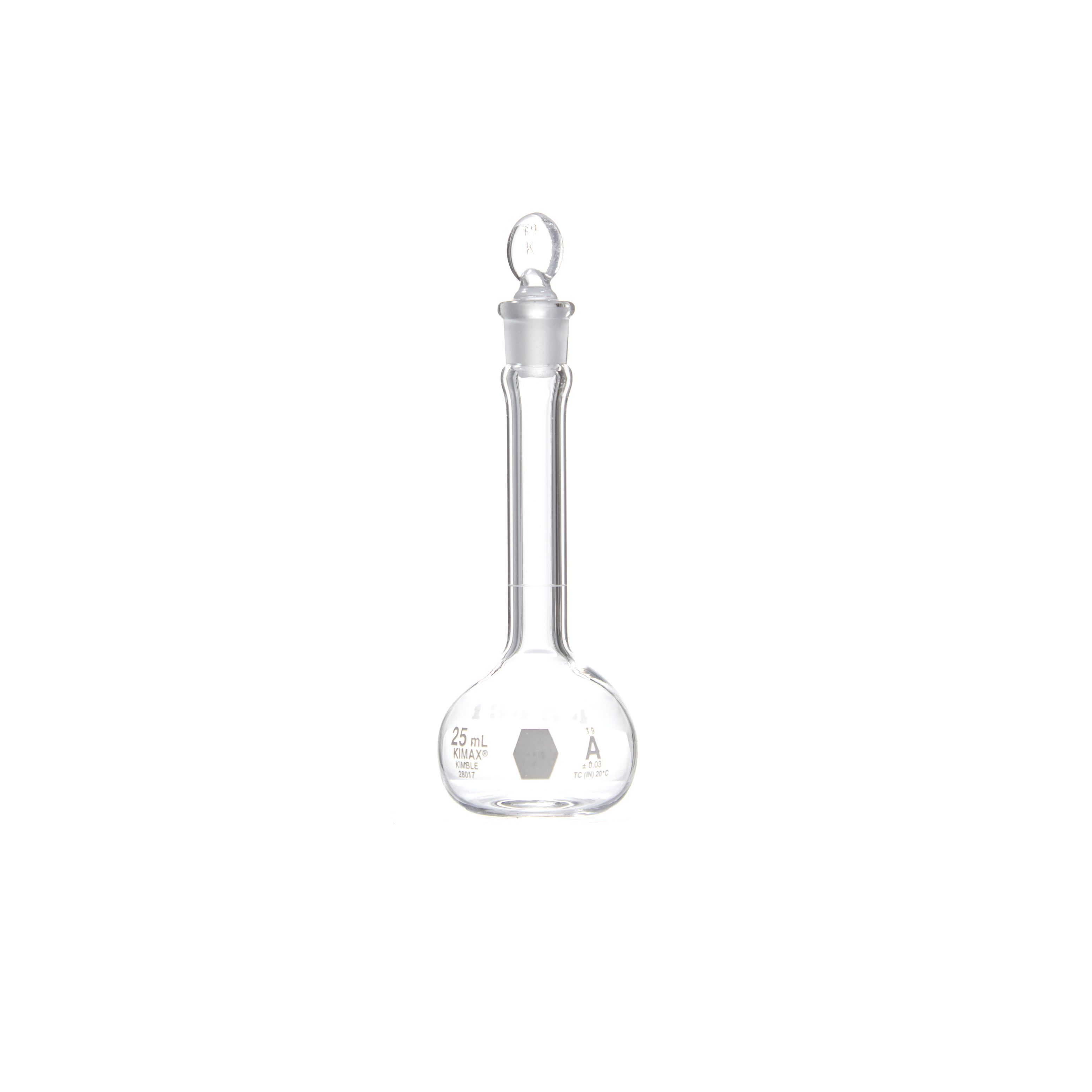 MATRAZ VOLUMÉTRICO DE 25ml CLASE A ASTM CON CERTIFICADO. KIMAX
