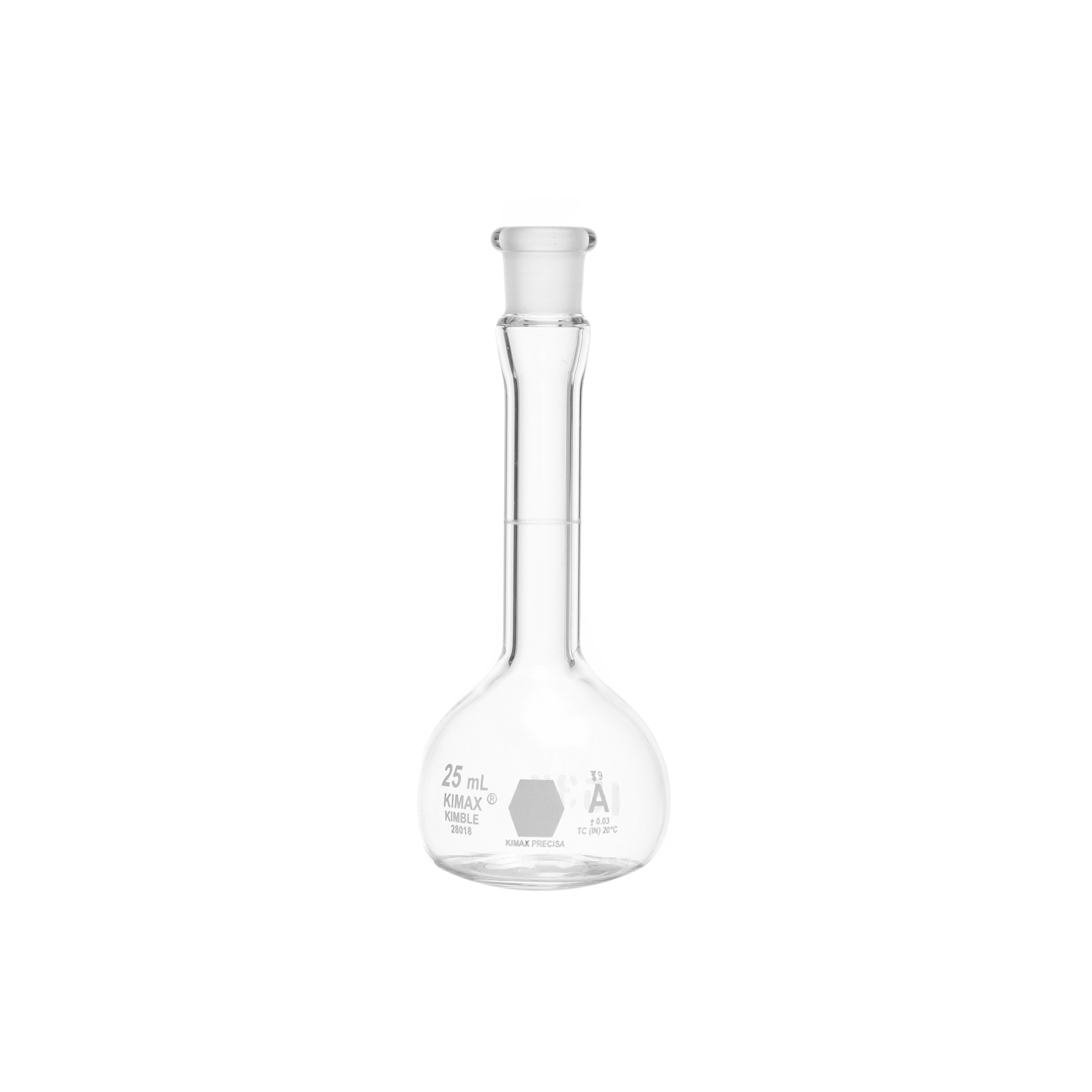 MATRAZ VOLUMÉTRICO DE 25ml CLASE A ASTM CERTIFICADO. TAPÓN DE VIDRIO. KIMAX