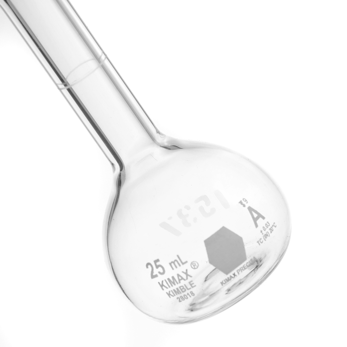 MATRAZ VOLUMÉTRICO DE 25ml CLASE A ASTM CERTIFICADO. TAPÓN DE VIDRIO. KIMAX