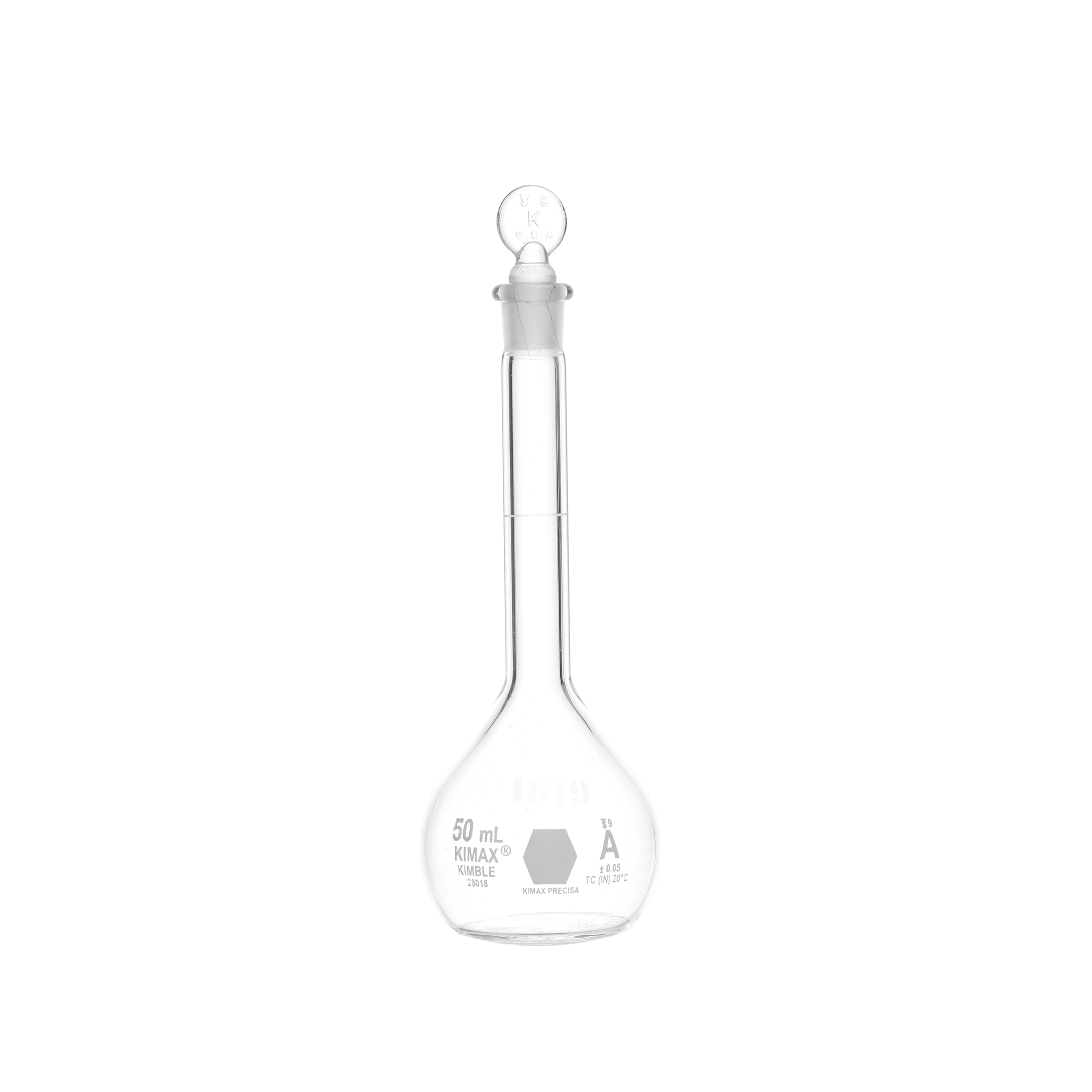 MATRAZ VOLUMÉTRICO DE 50ml CLASE A ASTM CERTIFICADO. TAPÓN DE VIDRIO. KIMAX