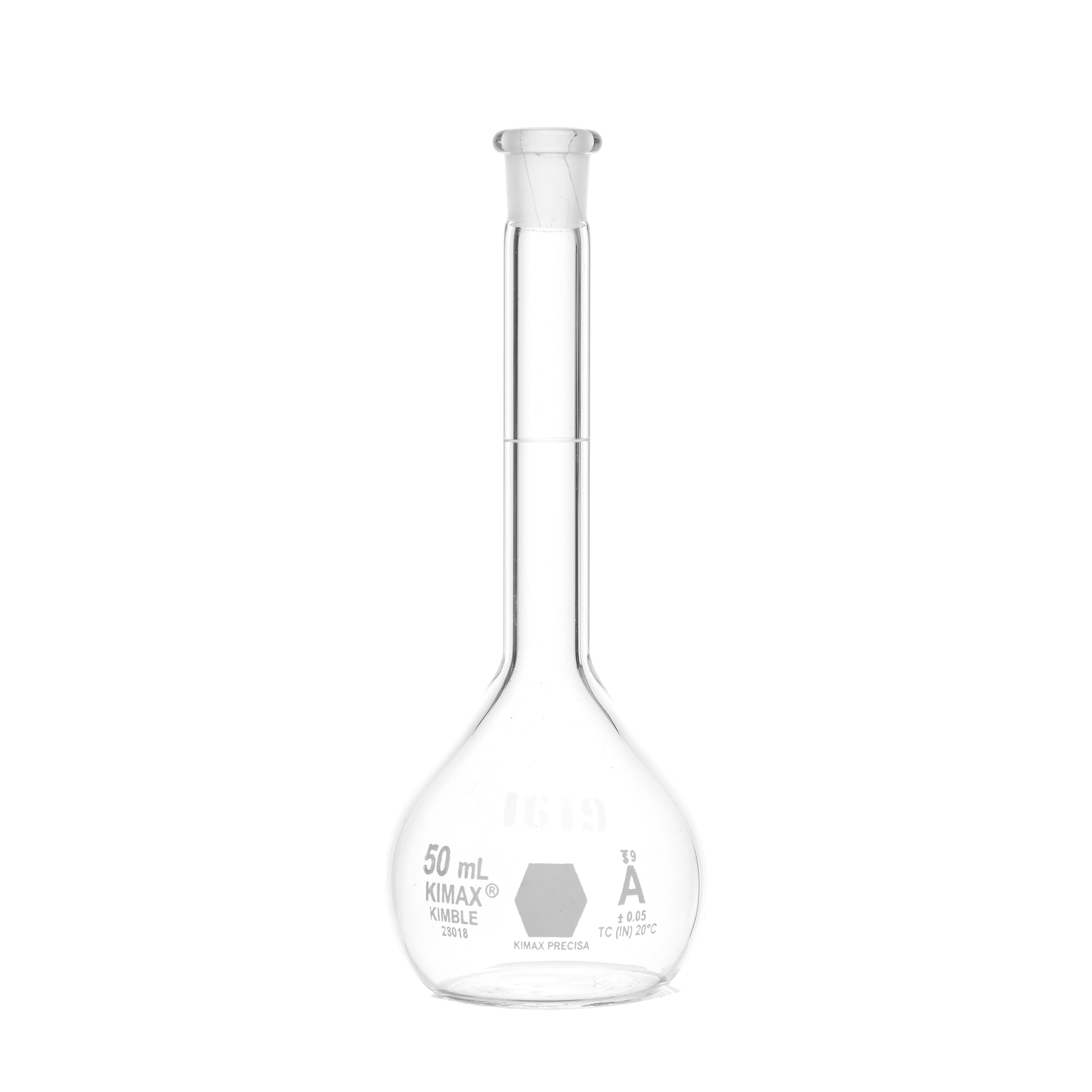MATRAZ VOLUMÉTRICO DE 50ml CLASE A ASTM CERTIFICADO. TAPÓN DE VIDRIO. KIMAX