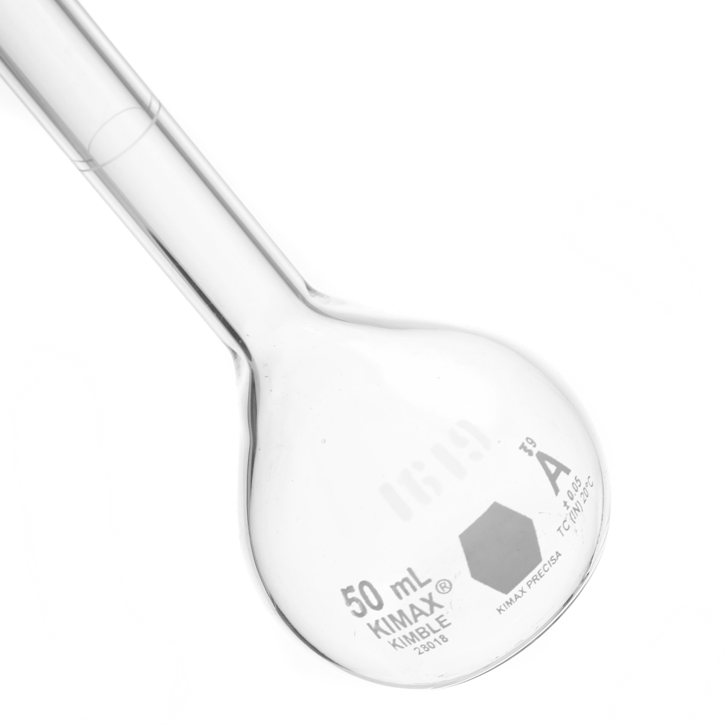 MATRAZ VOLUMÉTRICO DE 50ml CLASE A ASTM CERTIFICADO. TAPÓN DE VIDRIO. KIMAX