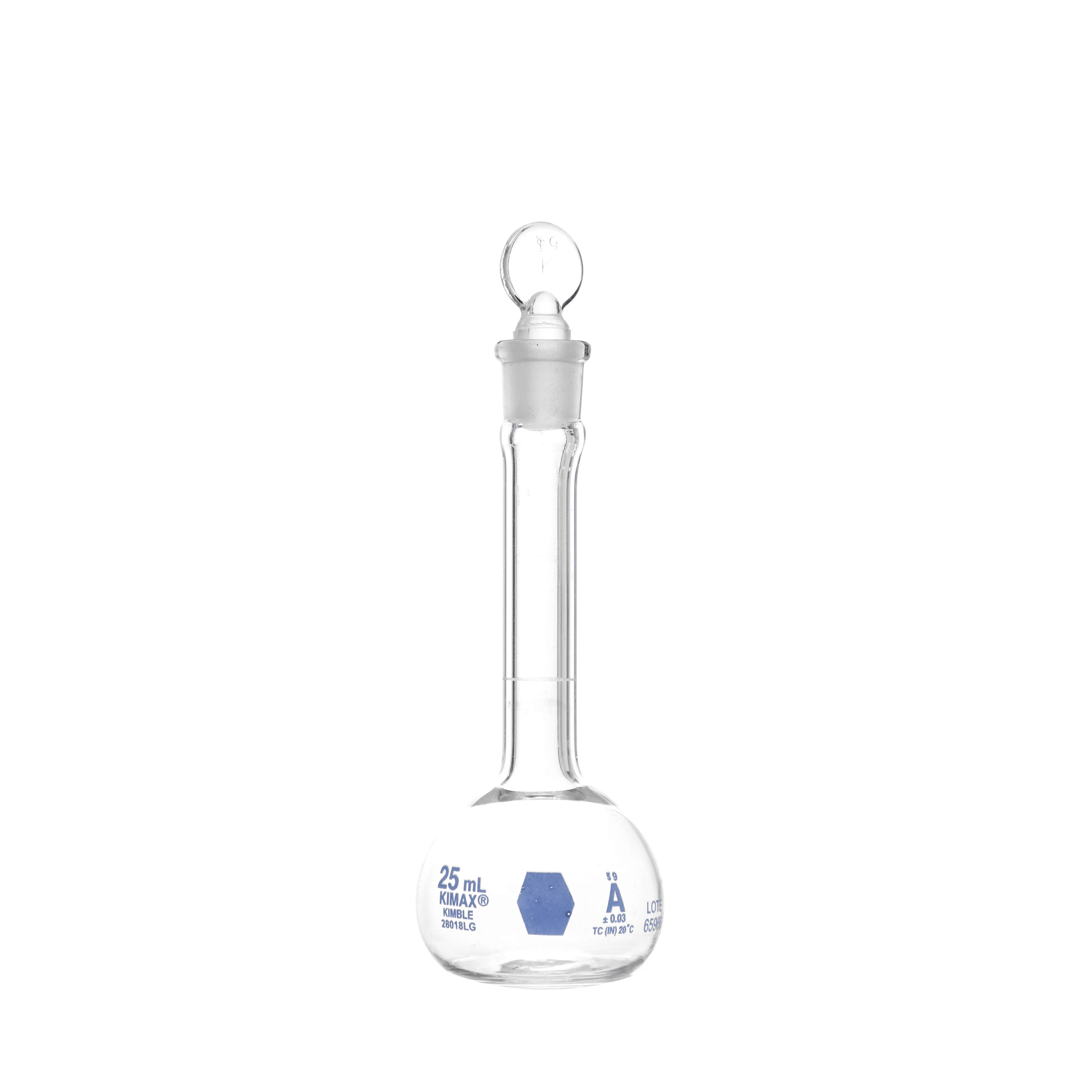 MATRAZ VOLUMÉTRICO DE 25ml CLASE A ASTM. CERTIFICADO POR LOTE. KIMAX