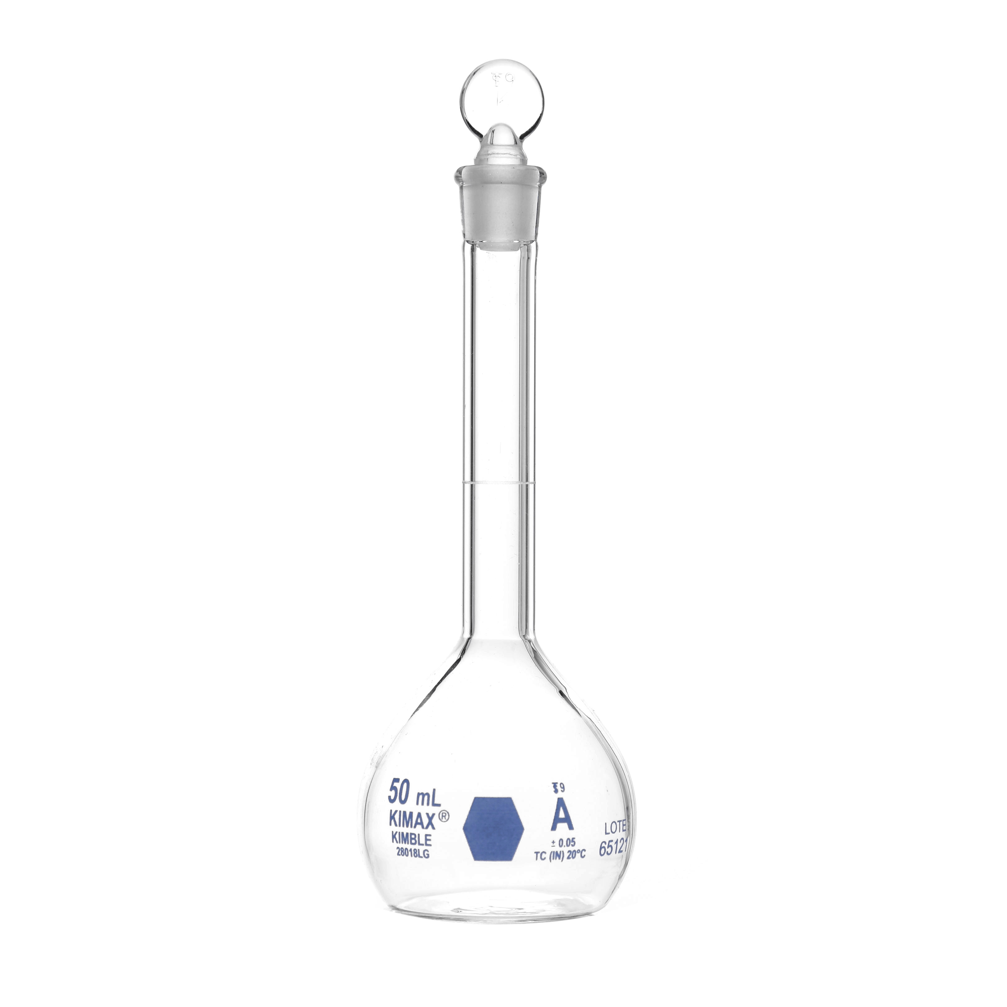 MATRAZ VOLUMÉTRICO DE 50ml CLASE A ASTM. CERTIFICADO POR LOTE. KIMAX