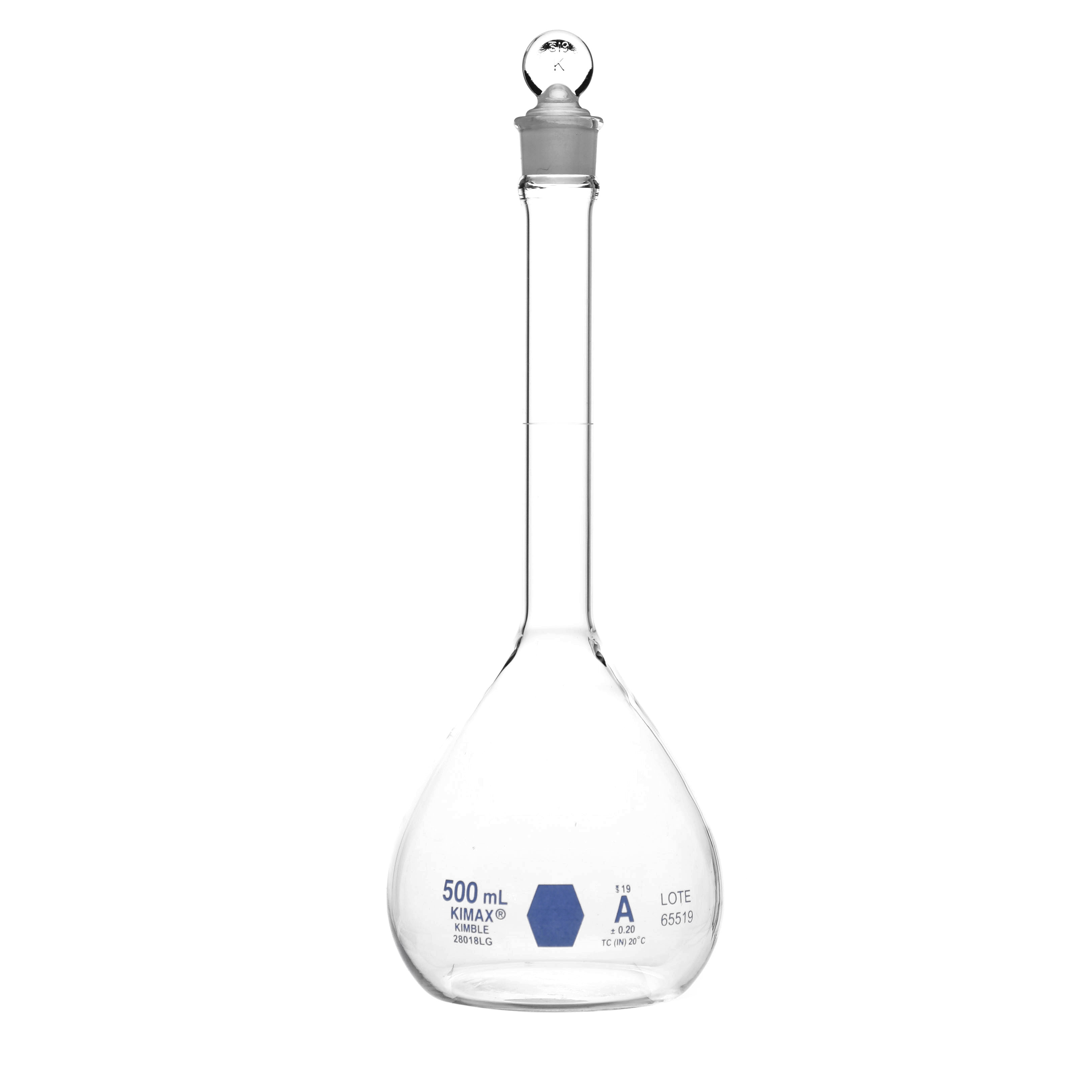 MATRAZ VOLUMÉTRICO DE 500ml CLASE A ASTM. CERTIFICADO POR LOTE. KIMAX