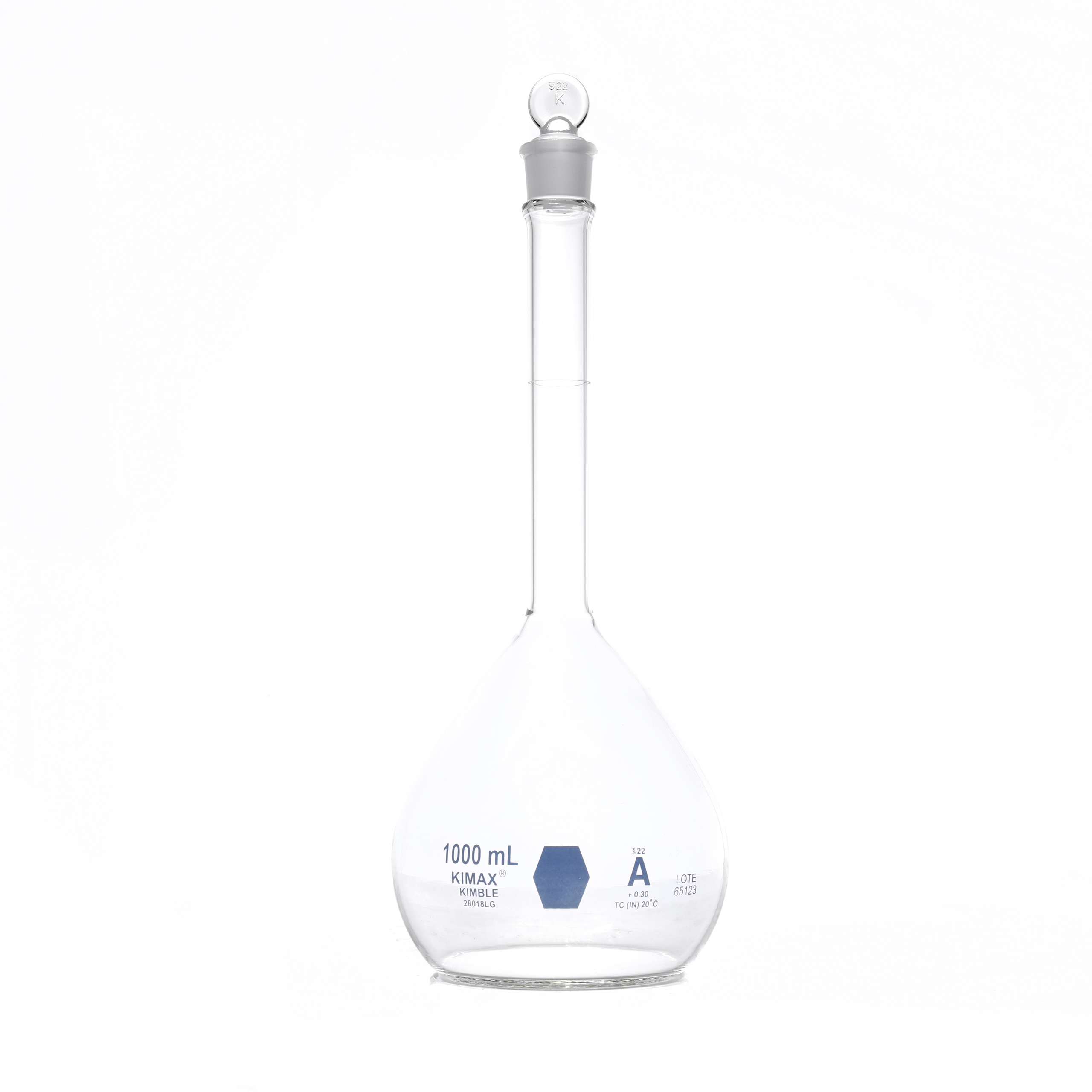 MATRAZ VOLUMÉTRICO DE 1L CLASE A ASTM CON CERTIFICADO POR LOTE. KIMAX