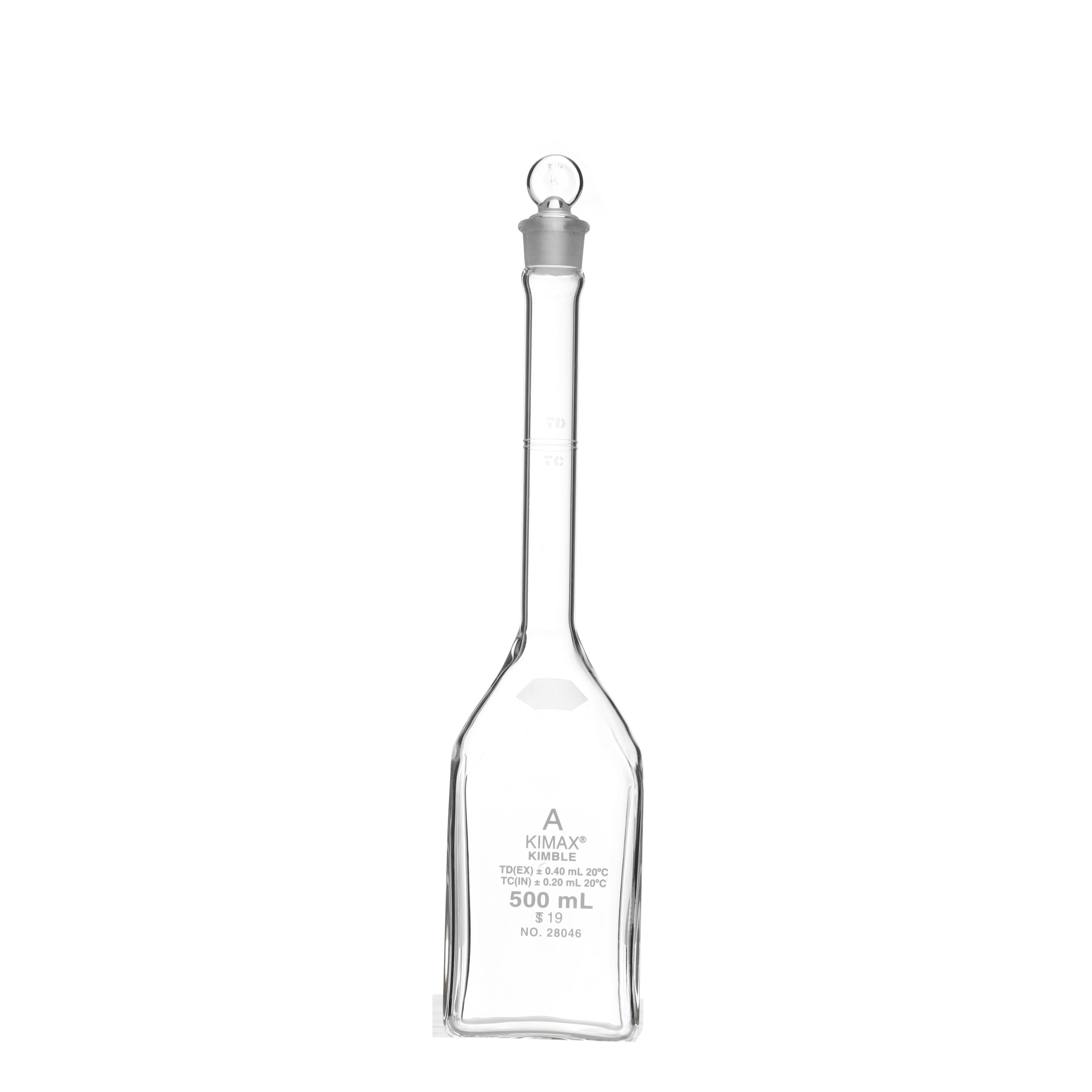 MATRAZ VOLUMÉTRICO DE 500ml CLASE A ASTM CUADRADO. KIMAX