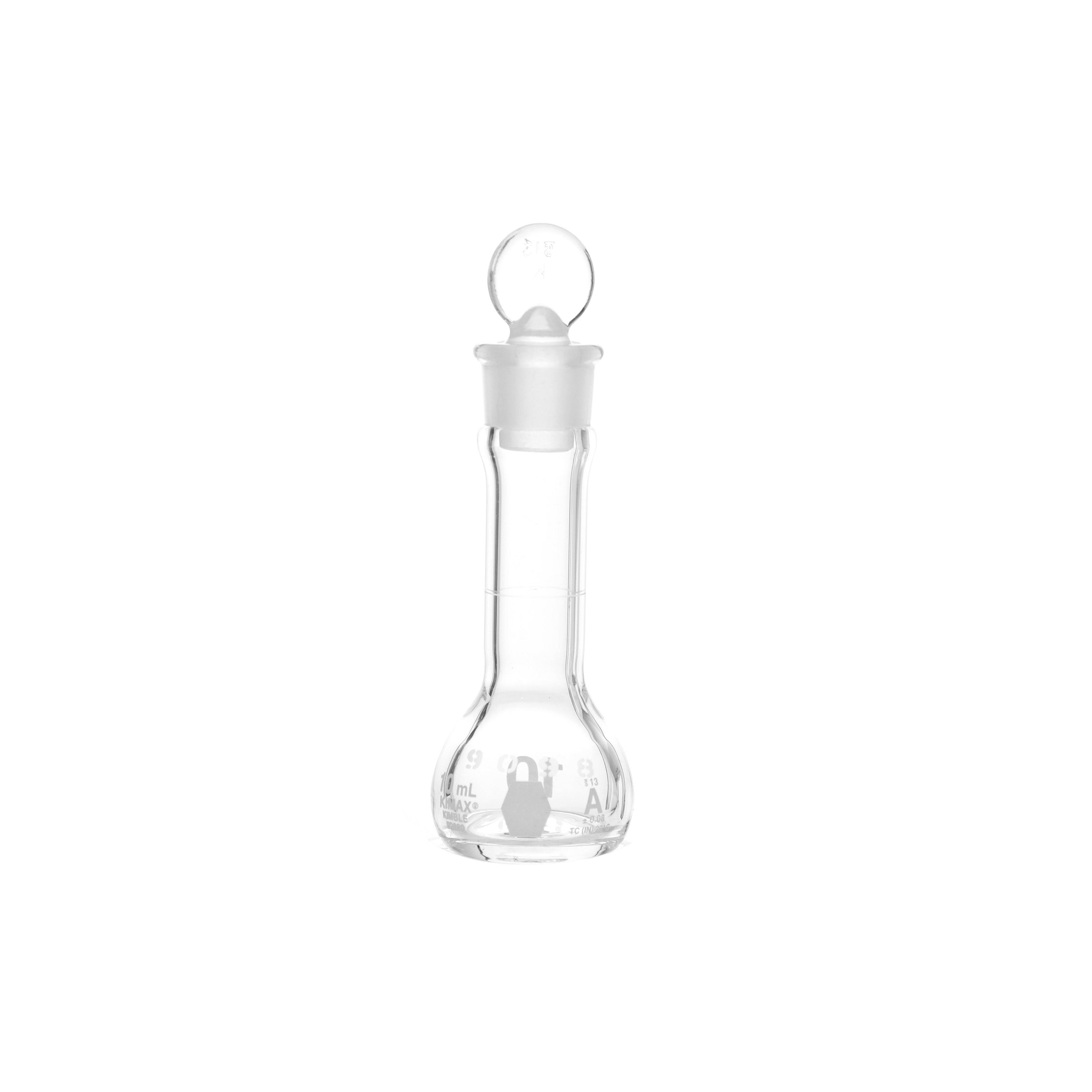 MATRAZ VOLUMÉTRICO DE 10ml CLASE A ASTM CON CERTIFICADO. BOCA ANCHA. TAPÓN DE VIDRIO. KIMAX