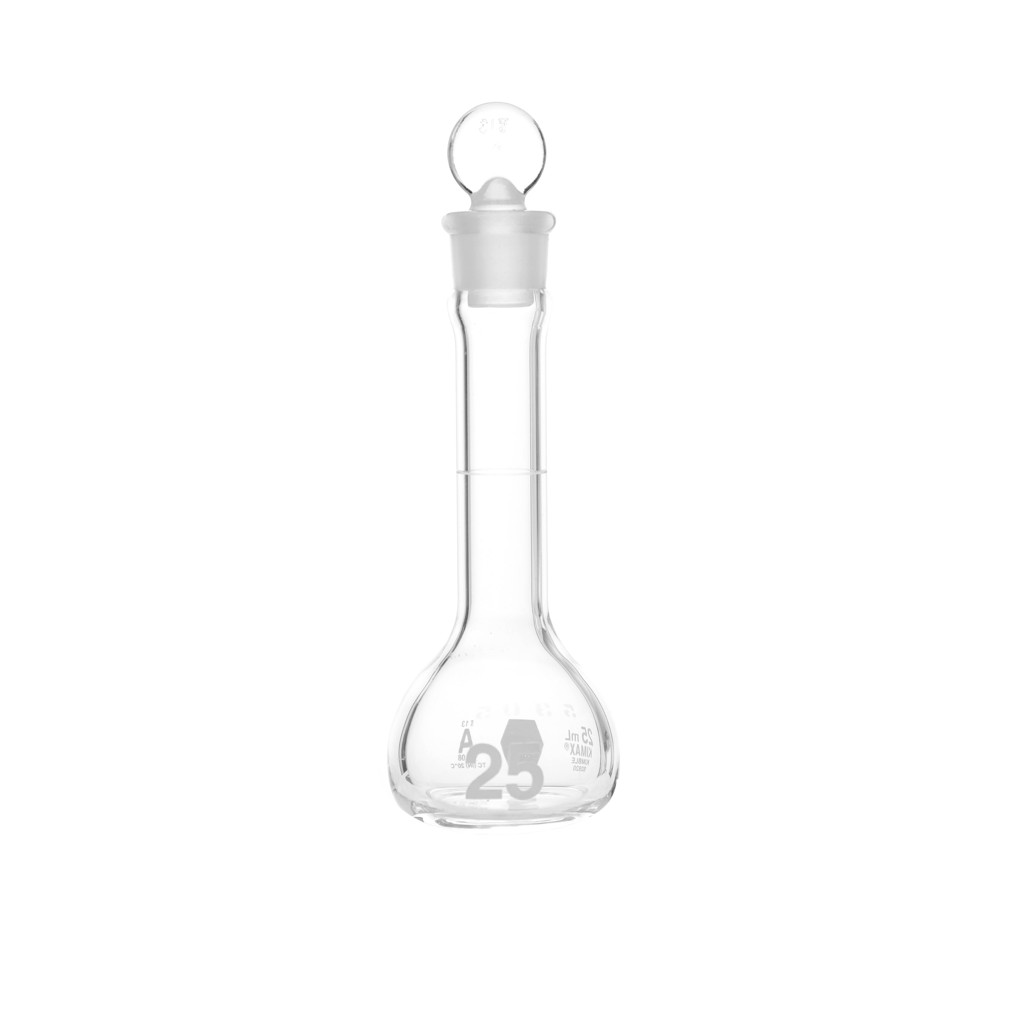 MATRAZ VOLUMÉTRICO DE 25ml CLASE A ASTM CON CERTIFICADO. BOCA ANCHA. TAPÓN DE VIDRIO. KIMAX