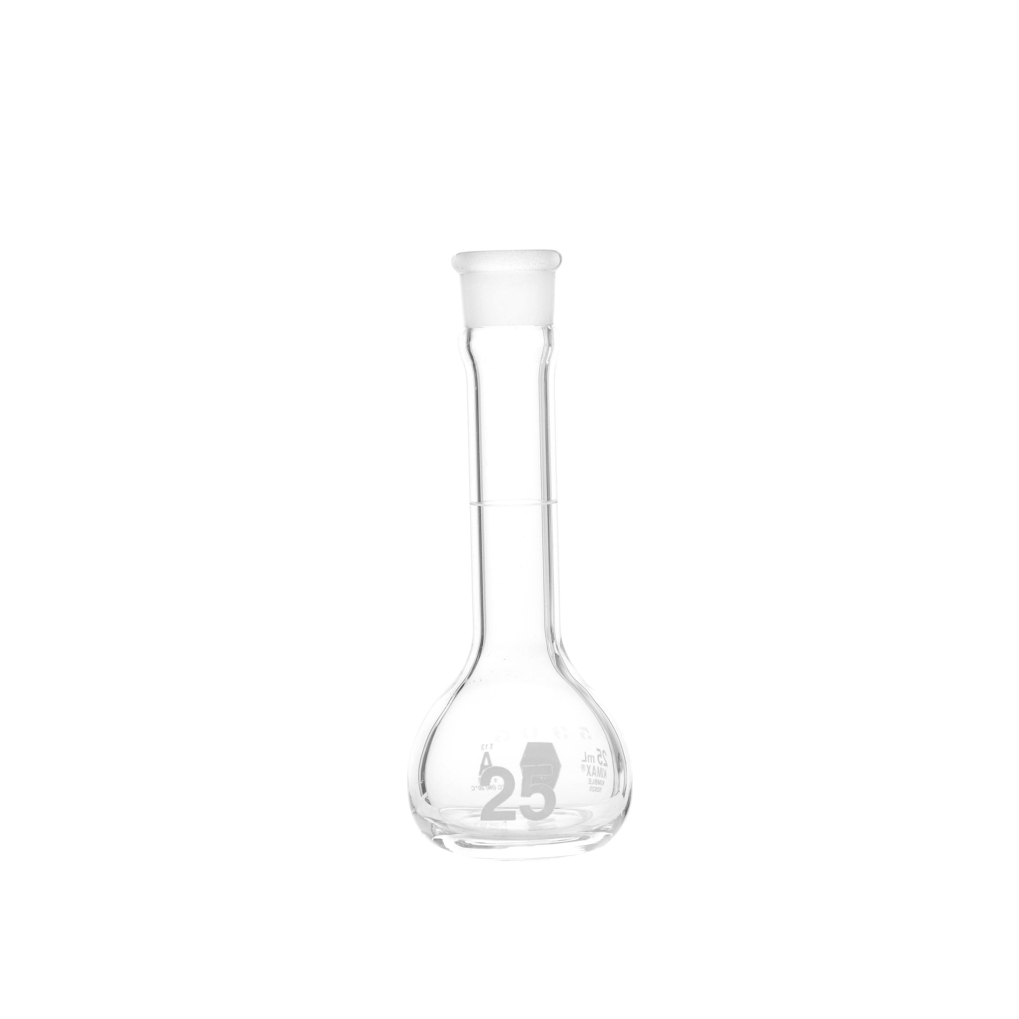 MATRAZ VOLUMÉTRICO DE 25ml CLASE A ASTM CON CERTIFICADO. BOCA ANCHA. TAPÓN DE VIDRIO. KIMAX