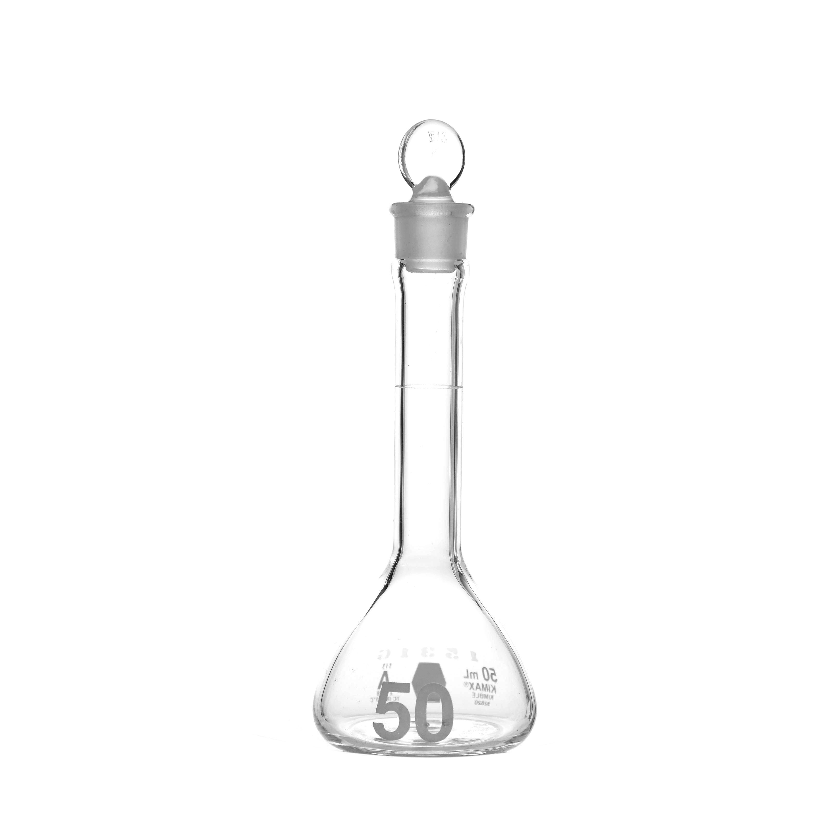 MATRAZ VOLUMÉTRICO DE 50ml CLASE A ASTM CON CERTIFICADO. BOCA ANCHA. TAPÓN DE VIDRIO. KIMAX